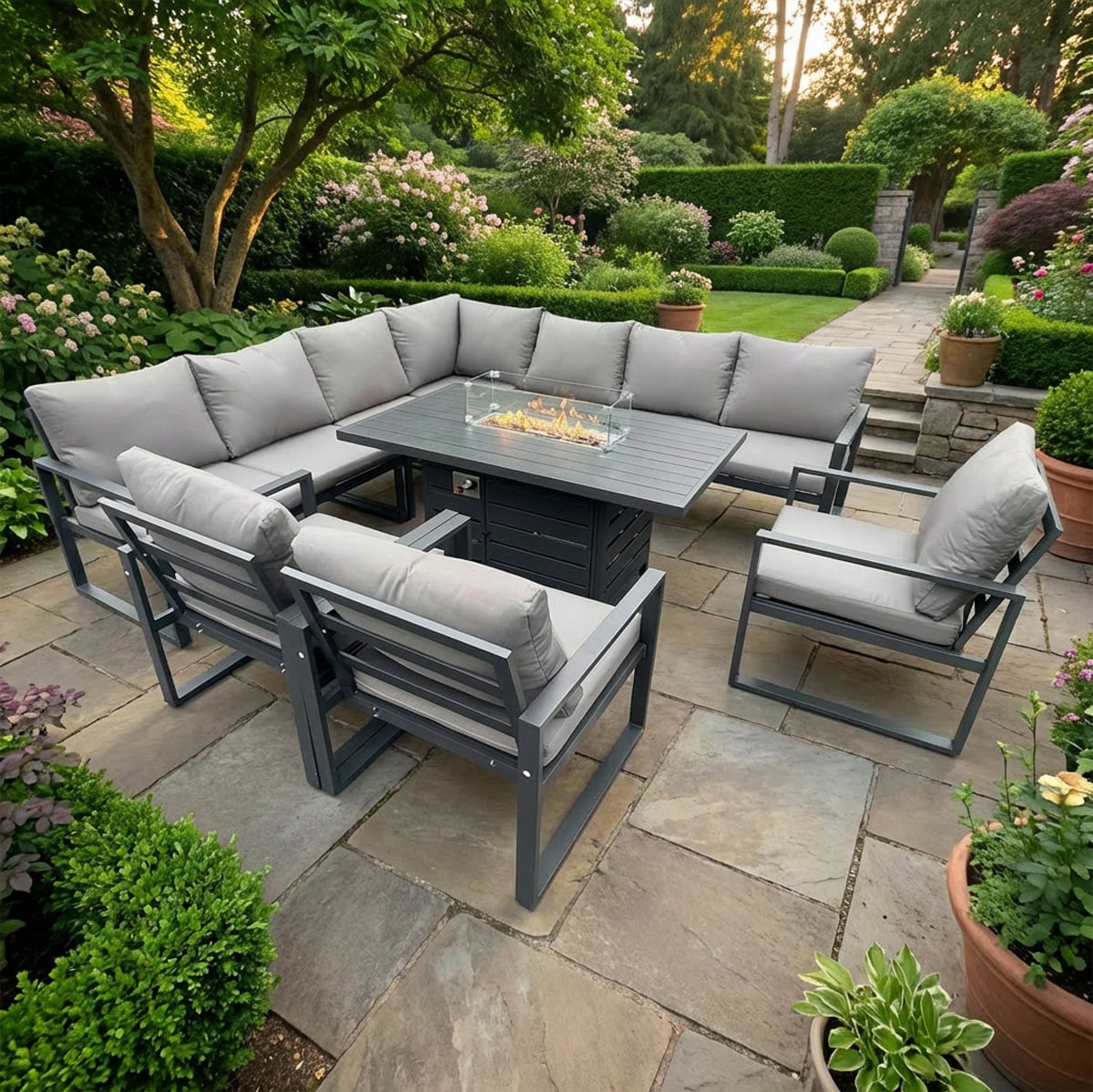 Rackhams Dark/Grey 10 Seater Aluminium Garden Furniture Set With Corner Sofa, 3 Chairs, Gas Fire Pit Dining Table