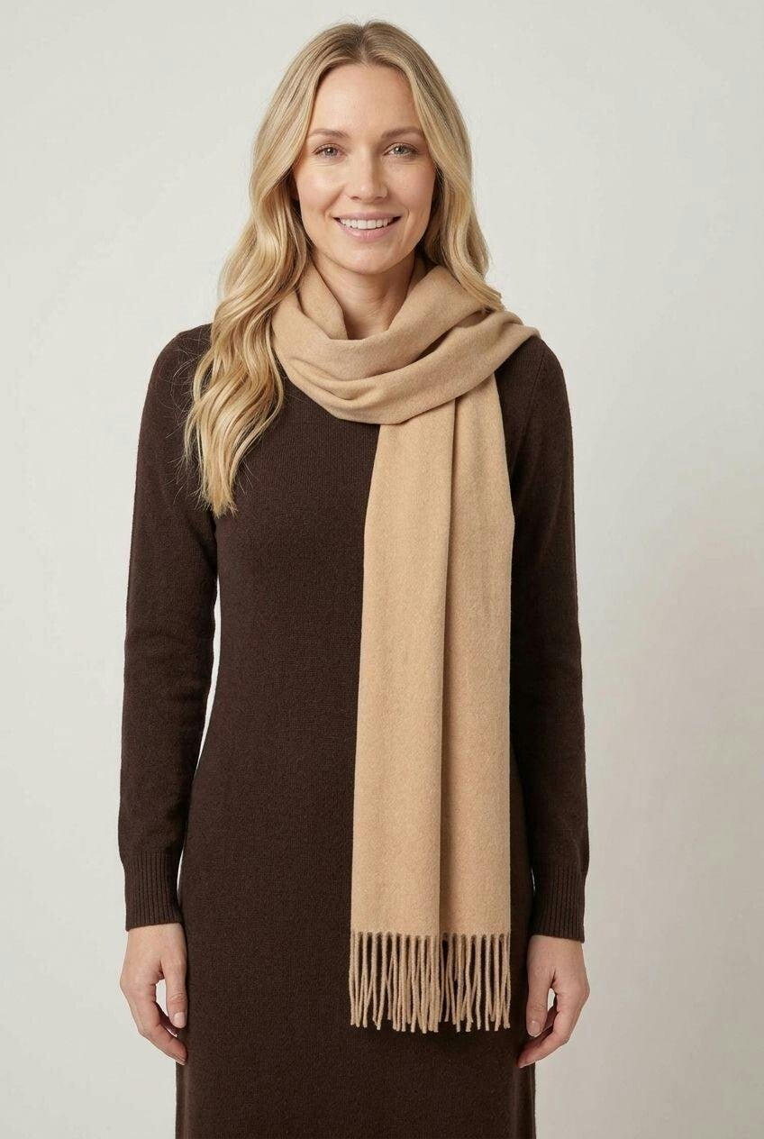 Izabel London Beige Soft Texture Tassel Fringe Scarf - One