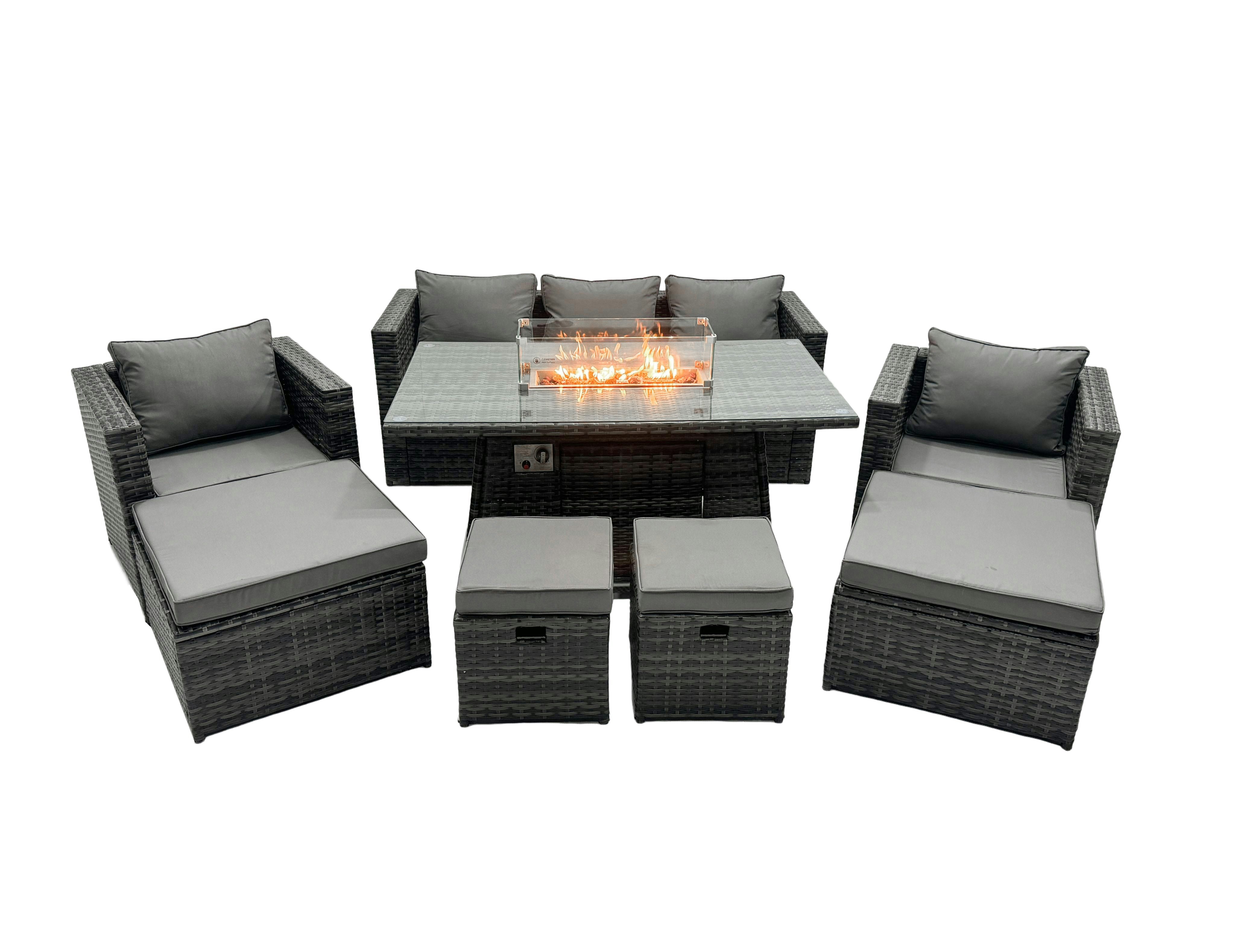Fimous Dark/Grey Rattan Garden Furniture Fire Pit Dining Set 9 Seater Lounge Sofa Table Set With 2 Big Footstool