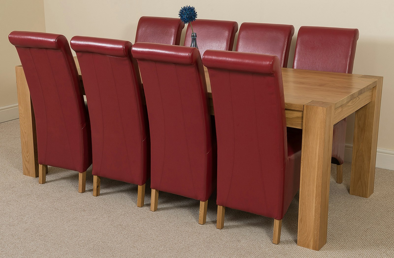 Rackhams Burgundy Kuba Extra Large Oak Dining Table With Montana Leather Chairs - 8 Chairs