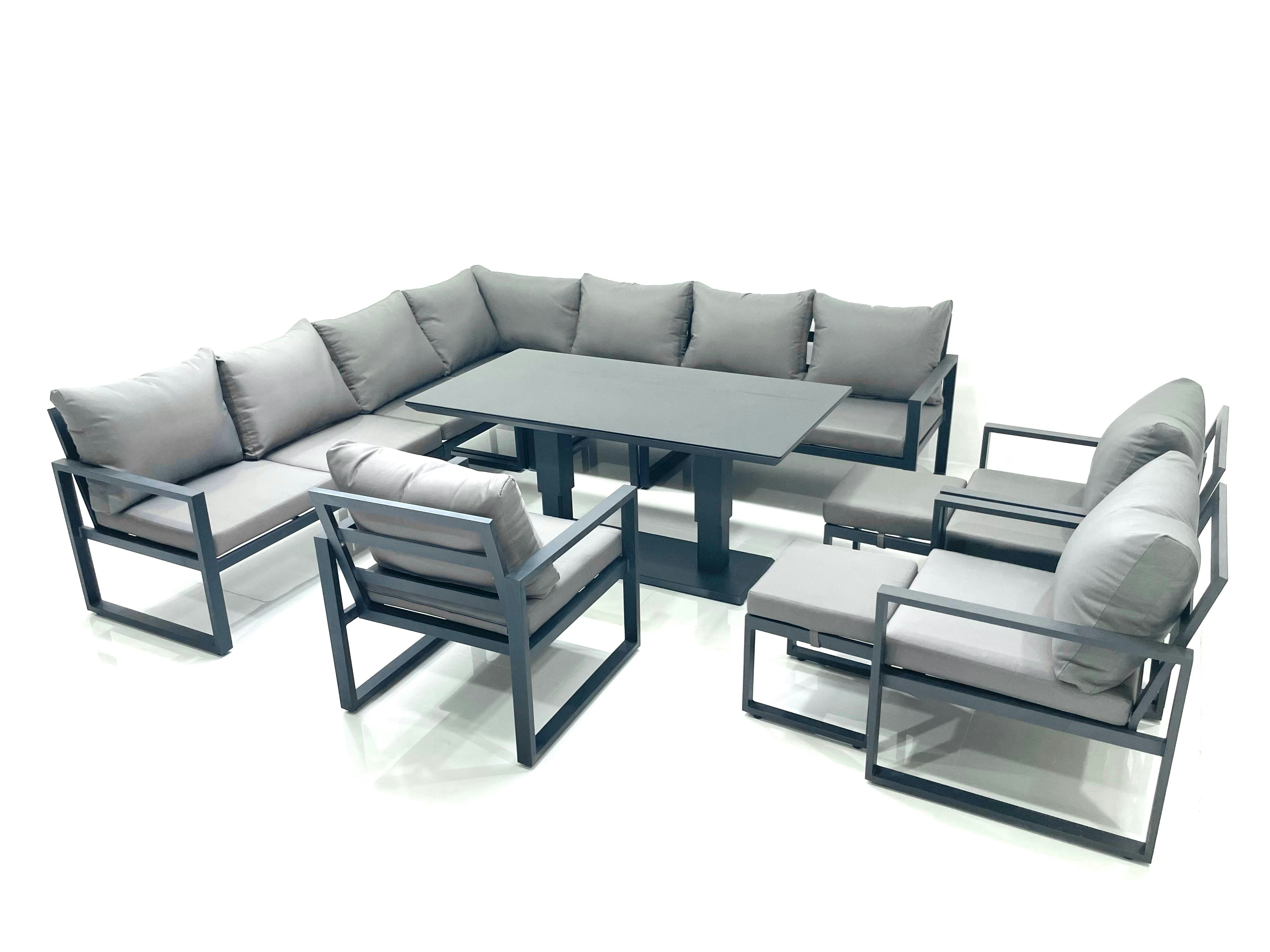 Rackhams Dark/Grey 12 Seater Outdoor Aluminium Garden Furniture Set Corner Sofa 3 Chair 2 Small Footstool Adjustable Rising Lifting Dining Table Sets
