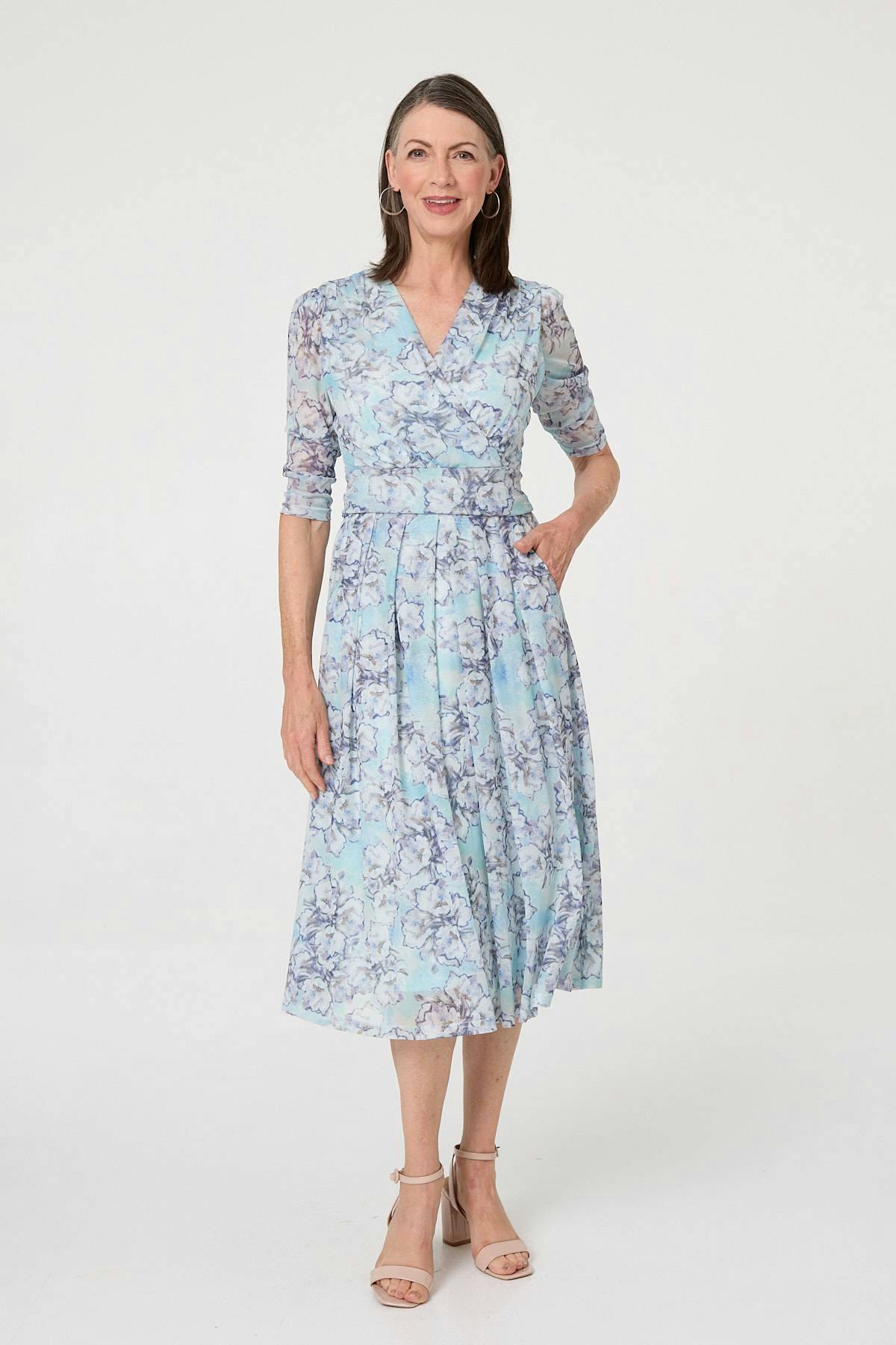 Izabel London Blue Printed Mesh Texture Midi Wrap Dress - 16