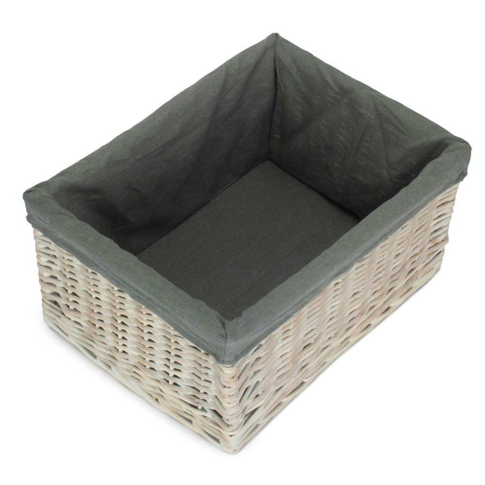 Rackhams Grey Whitewash Lined Open Wicker Storage Basket - Extra Large