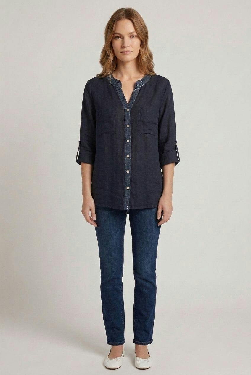 Izabel London Sequin Trim 3/4 Sleeve Relaxed Shirt - Navy - 10