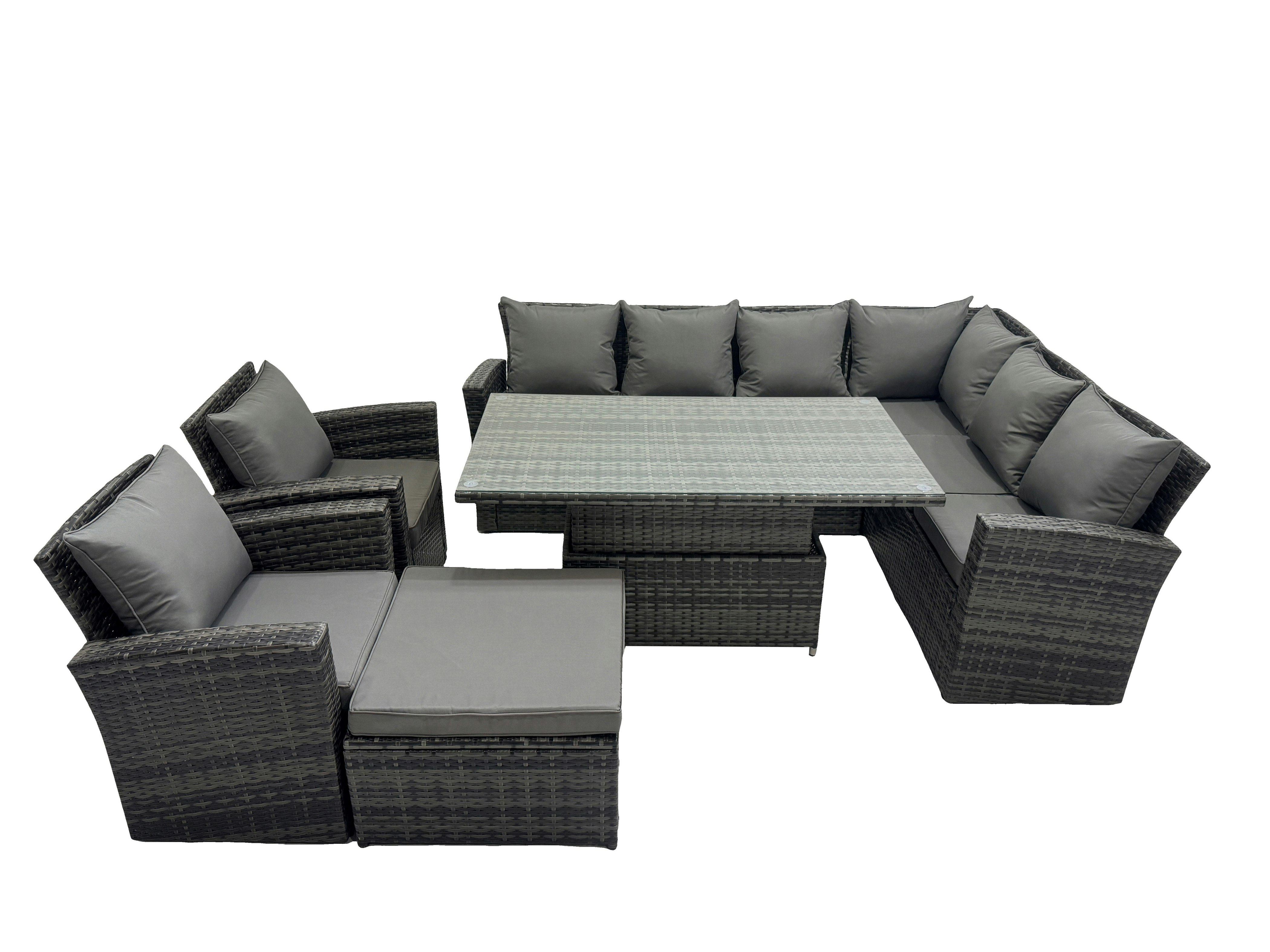 Fimous Dark/Grey 9 Seat Rattan Garden Furniture Corner Sofa Set Outdoor Adjustable Lifting Dining Or Coffee Table Set With Big Footstool Mixed