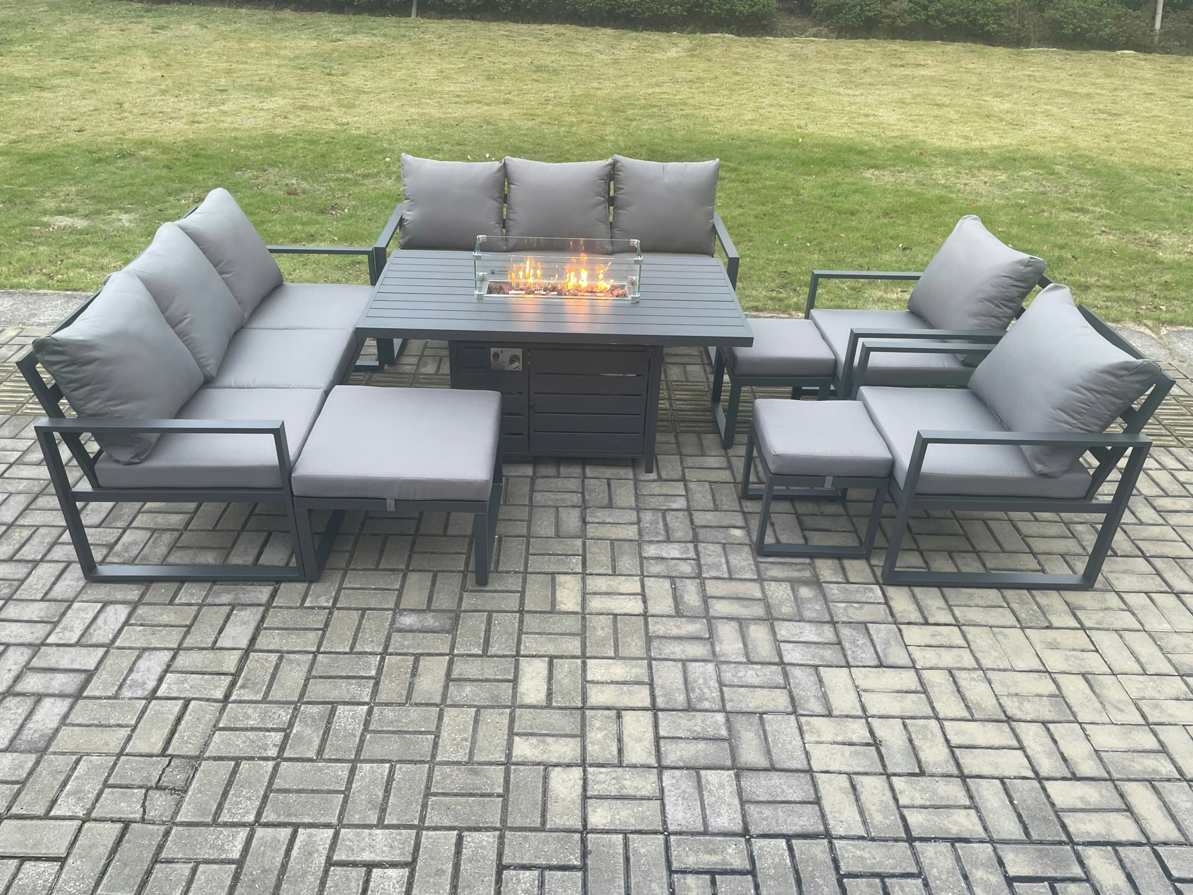 Fimous Dark/Grey Aluminium Outdoor Garden Furniture Set Patio Lounge Sofa Gas Fire Pit Dining Table Set With 3 Footstools