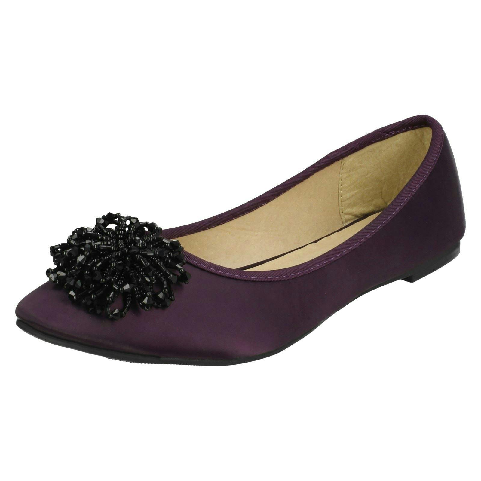 Spot On Women's Purple Beaded Ruffle Vamp Flat Ballerina - Uk 4