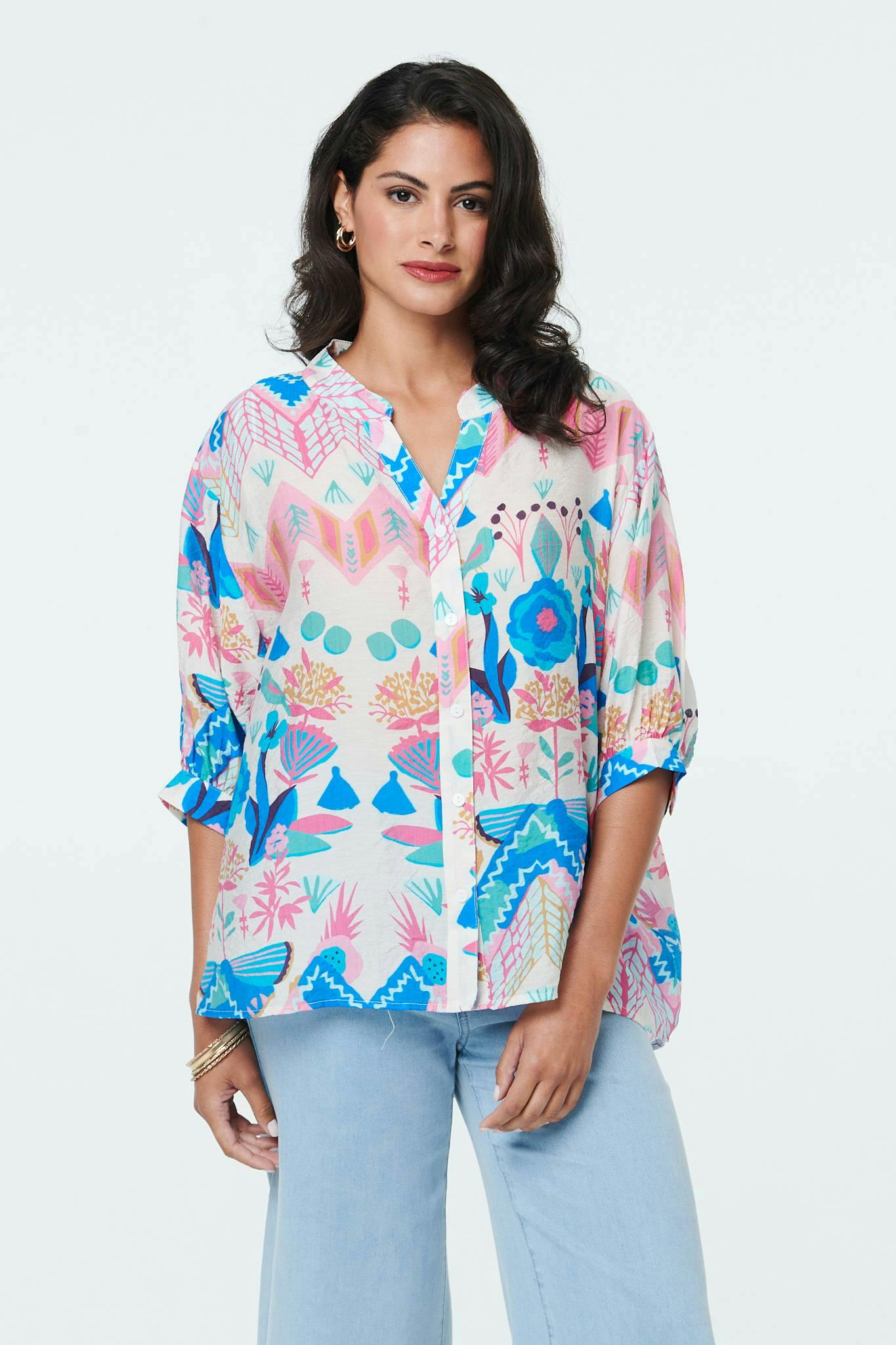 Izabel London White Abstract 3/4 Sleeve Relaxed Curve Shirt - 14