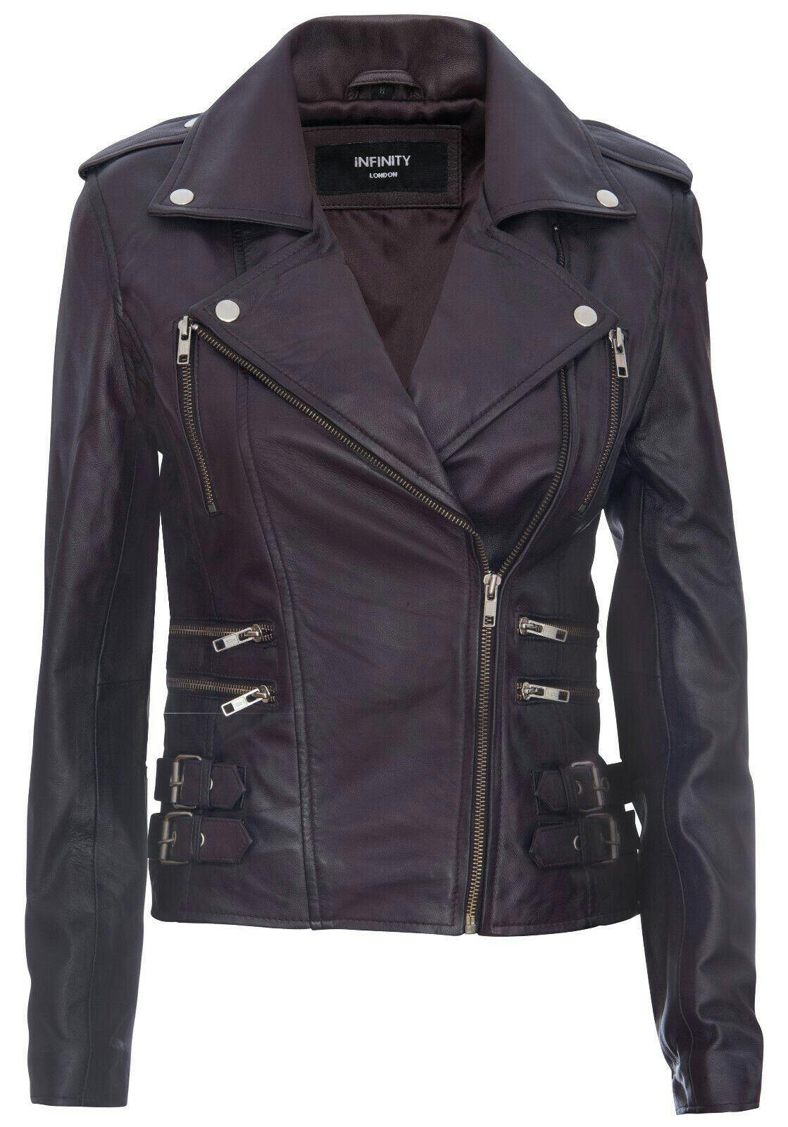 Infinity Leather Women's Purple Leather Brando Biker Jacket-Loddon - Uk 2XL/18 | Eu 44 | Us 14