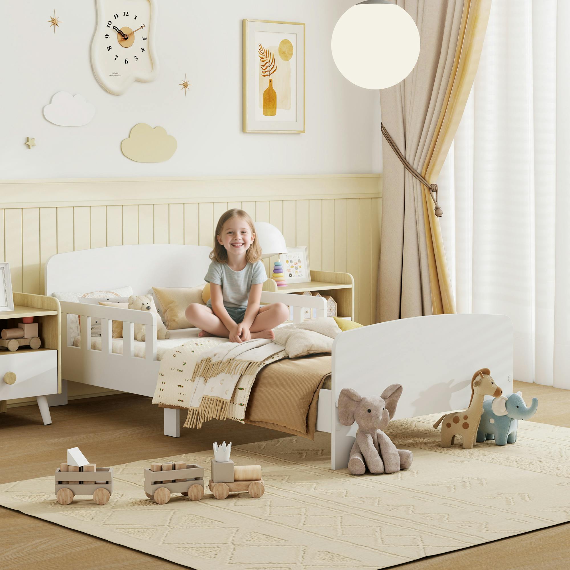 Rackhams White Kids Toddler Bed Frame With Safety Side Rails For 3-8 Years,