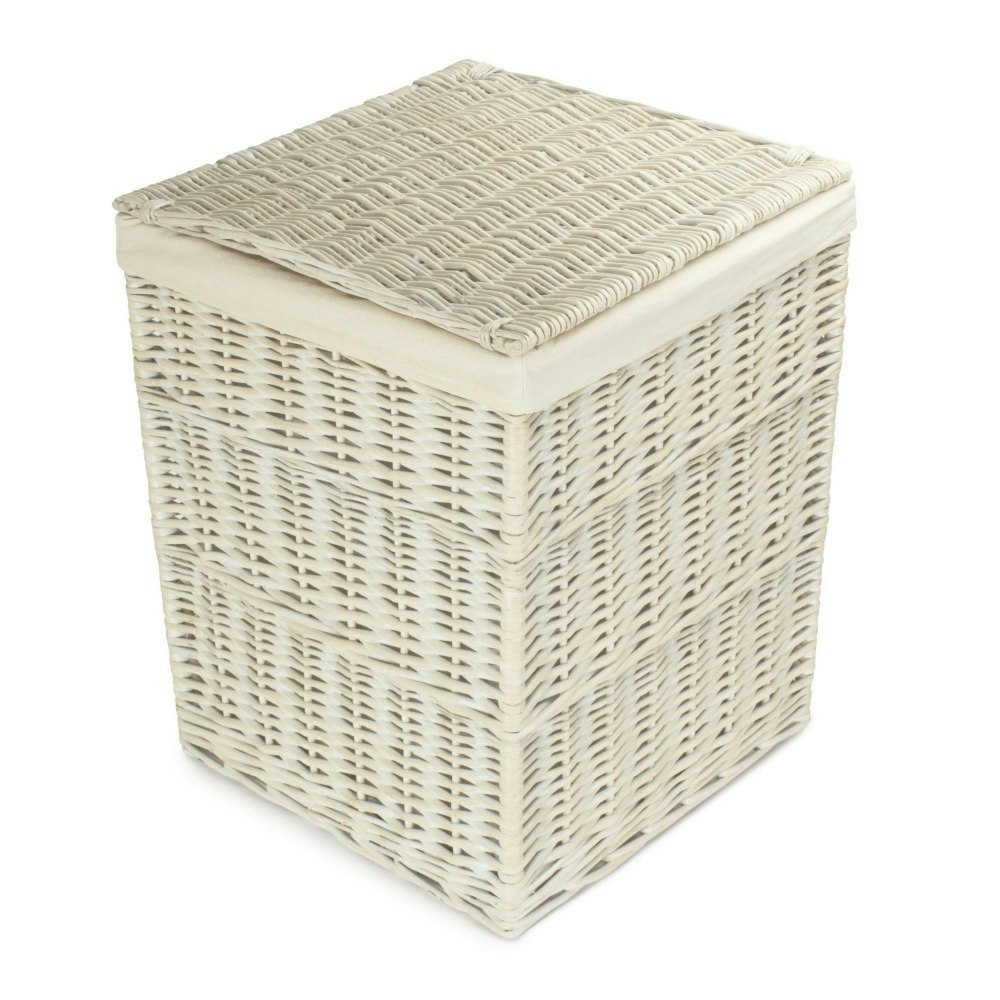 Rackhams White Small Square Wash Wicker Laundry Basket With Cotton Lining