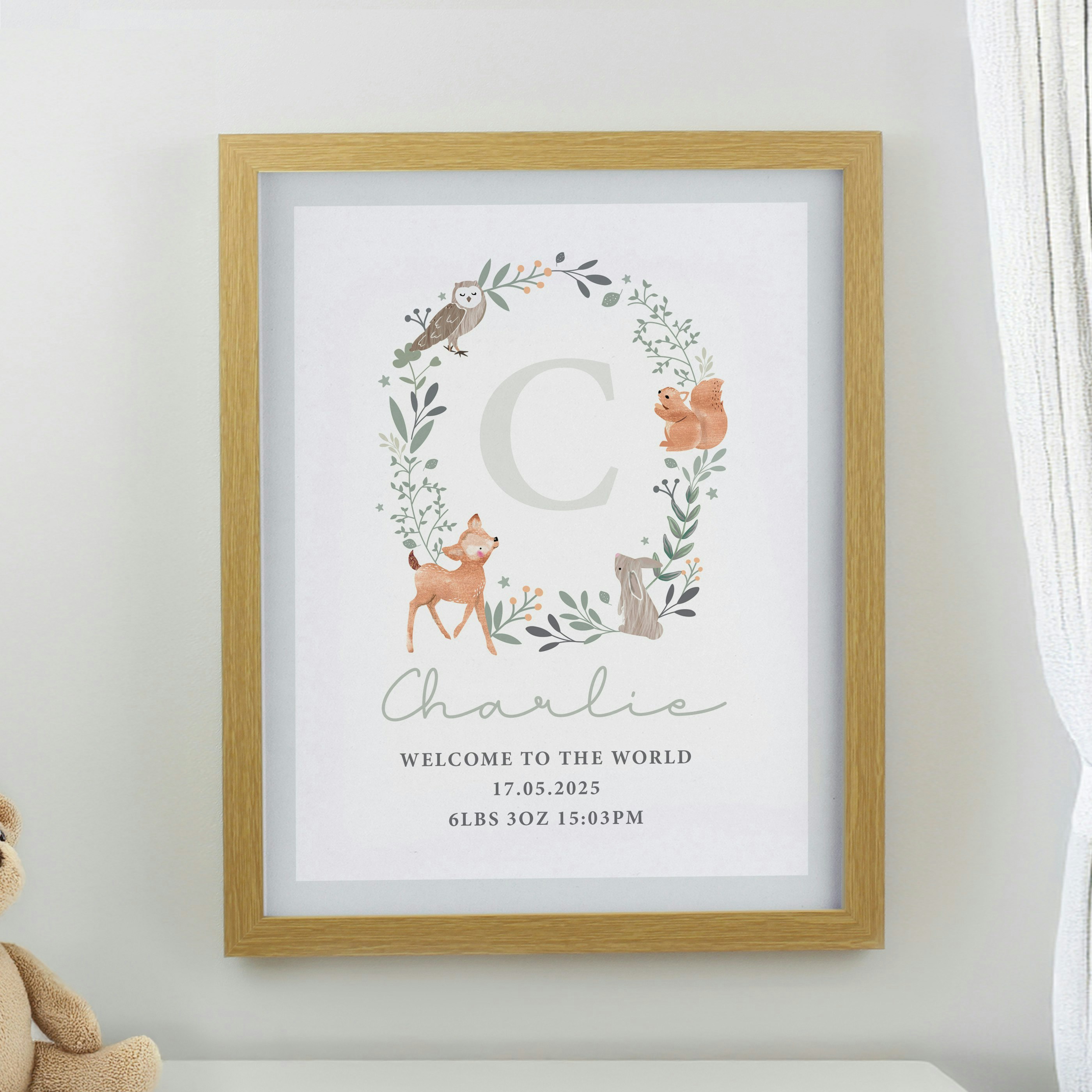 Personalised Memento Company Personalised Woodland Initial Oak Poster Frame