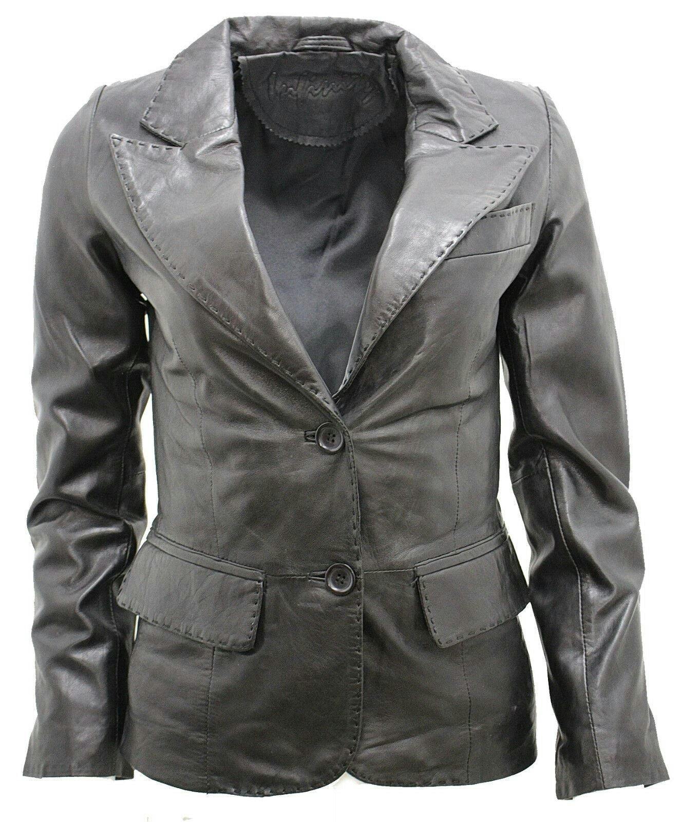 Infinity Leather Women's Black 2 Button Leather Blazer Jacket-Newport - Uk Xl/16 | Eu 42 | Us 12
