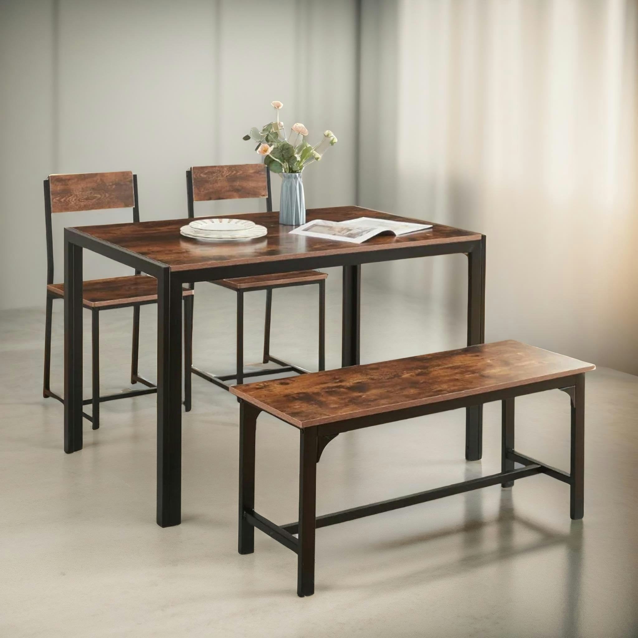 Rafaelo Mobilia Brown Industrial Compact Dining Table Set With 1 Bench And 2 Chairs Rustic