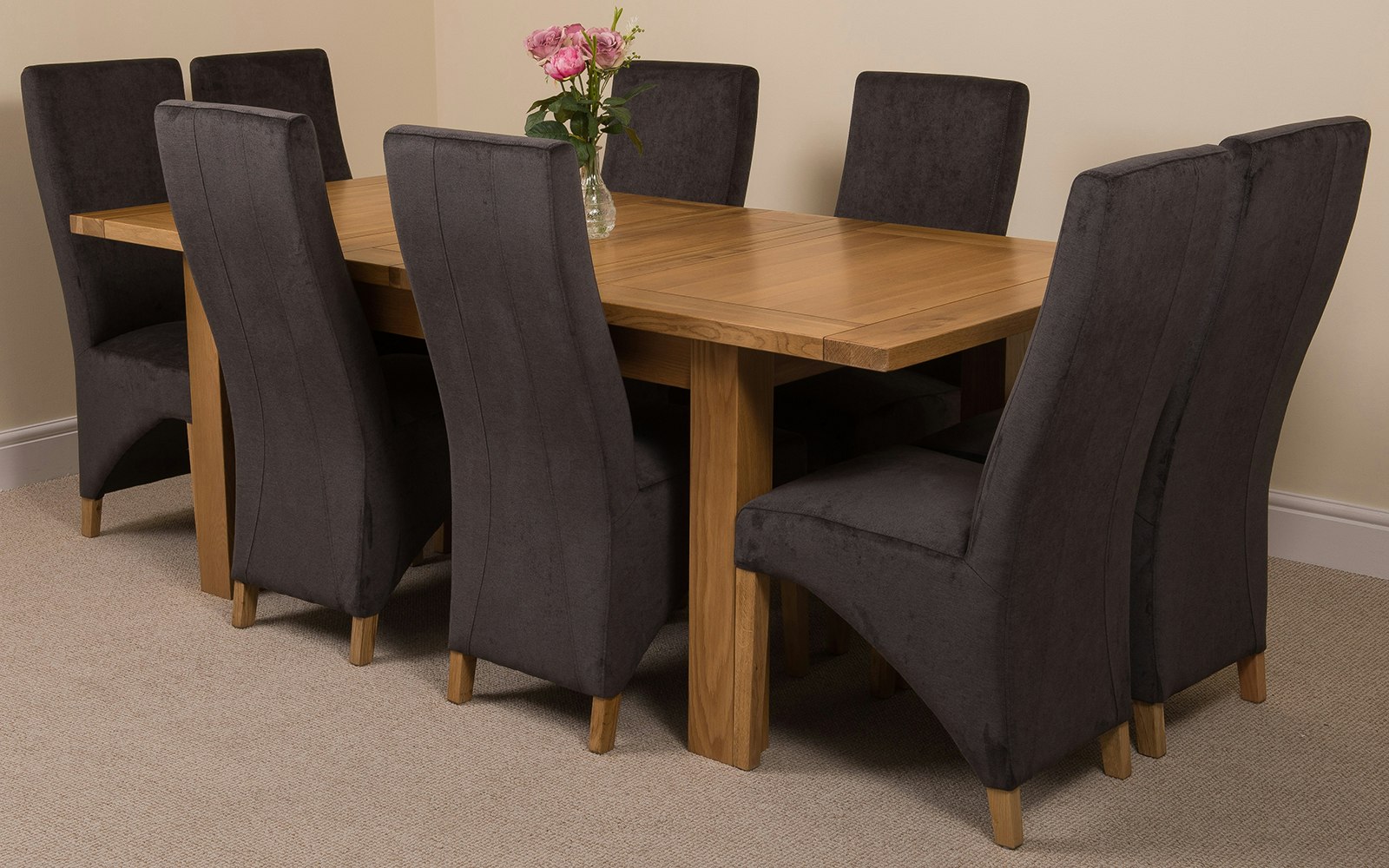 Rackhams Black Seattle Oak Extending Dining Table With Lola Fabric Chairs - 8 Chairs