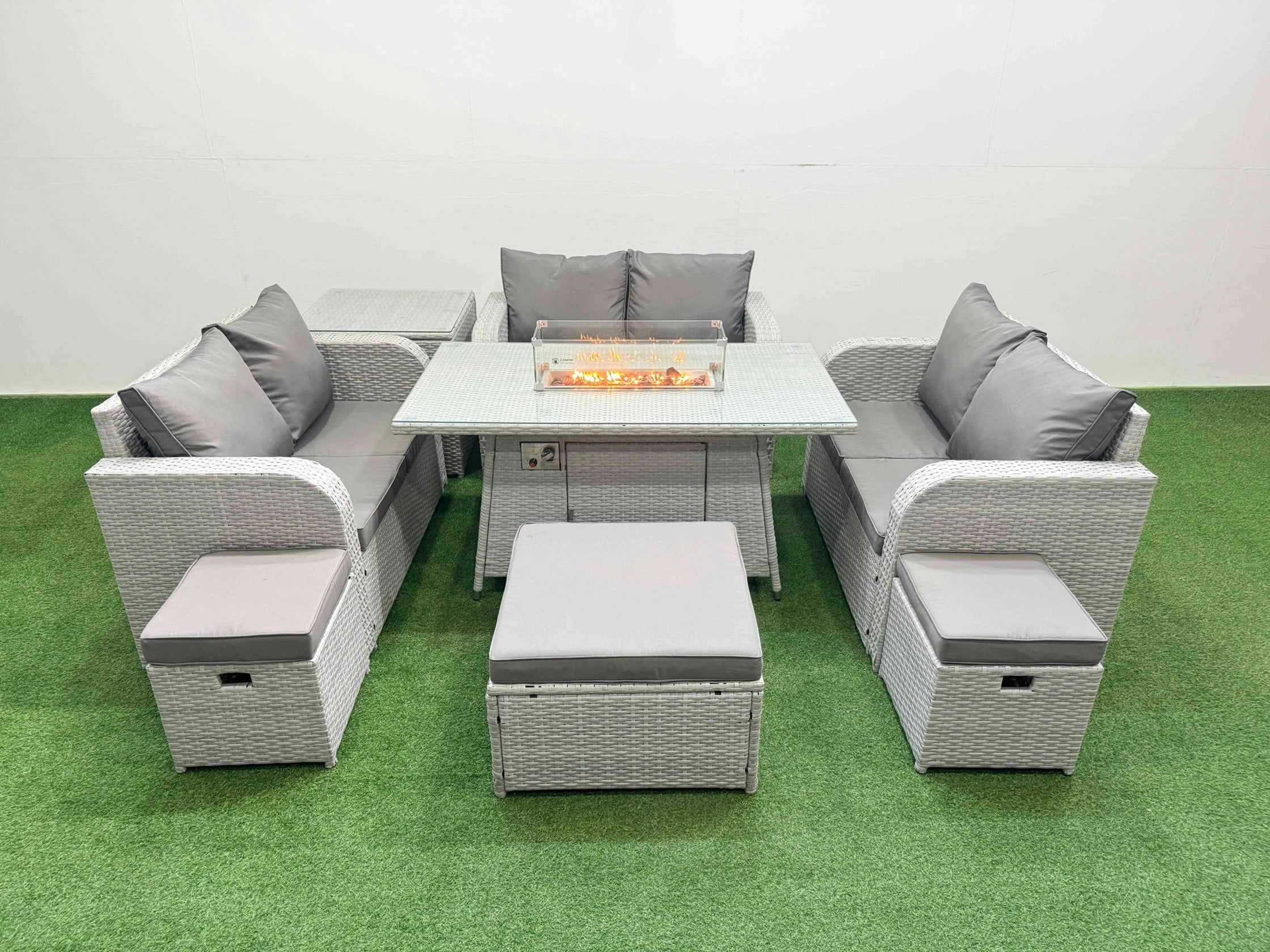 Rackhams Light/Grey 9 Seater Pe Wicker Rattan Furniture Sofa Sets With Fire Pit Dining Table 2 Seater Love Sofa 3 Stool Side Table
