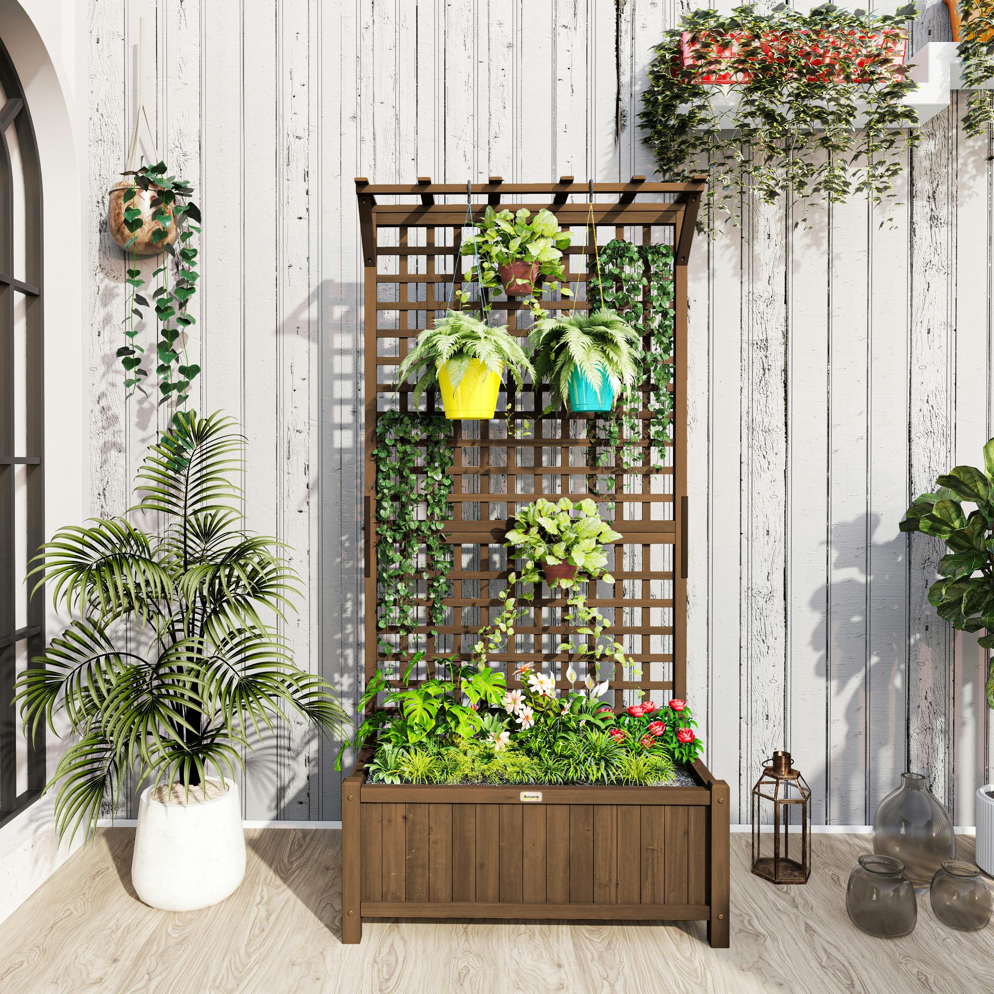 Rackhams Brown Wood Planter With Trellis For Climbing Plants Vines Planter Box