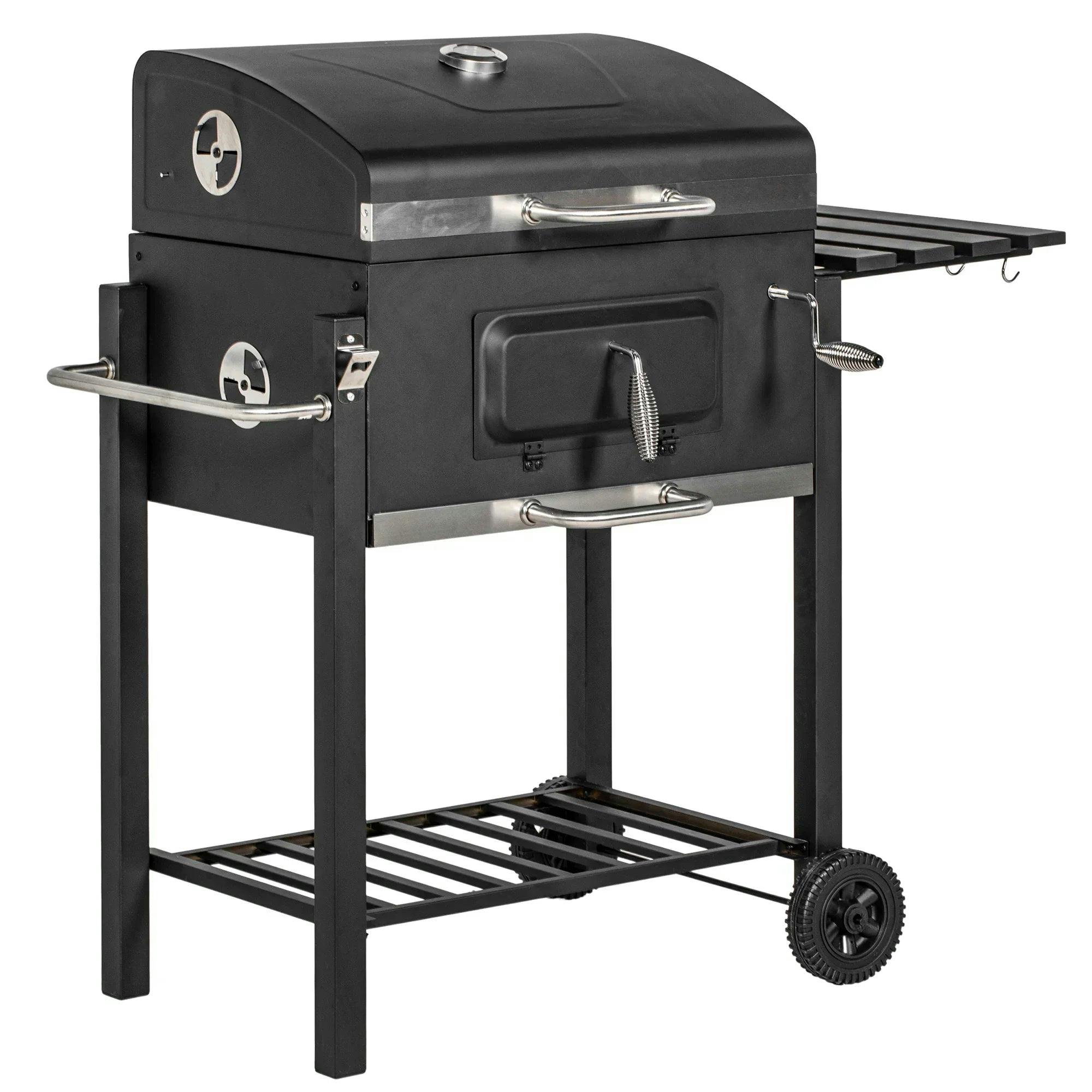 Outsunny Charcoal Grill Bbq Trolley Wheels Shelf Side Thermometer Steel Black - Image 2