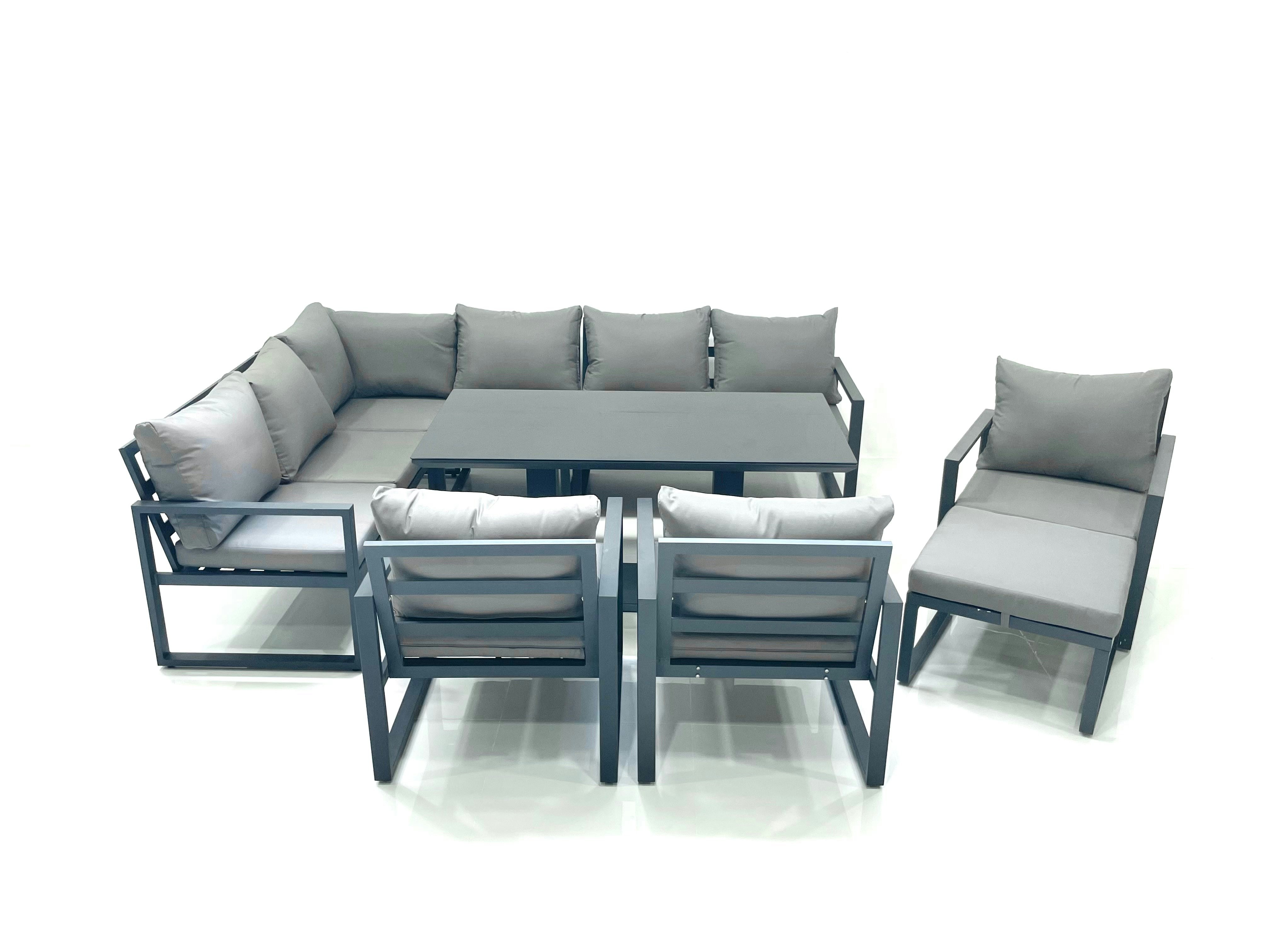 Rackhams Dark/Grey Aluminum Outdoor Garden Furniture Set Corner Sofa Big Footstool 3 Chairs Adjustable Rising Lifting Dining Table Sets