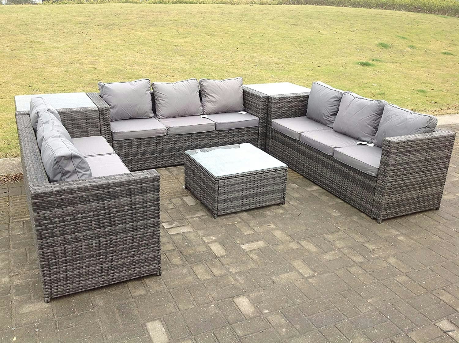 Fimous Dark/Grey Patio 9 Seater U Shape Rattan Sofa Set Patio Outdoor Garden Furniture With 3 Coffee Table Mixed