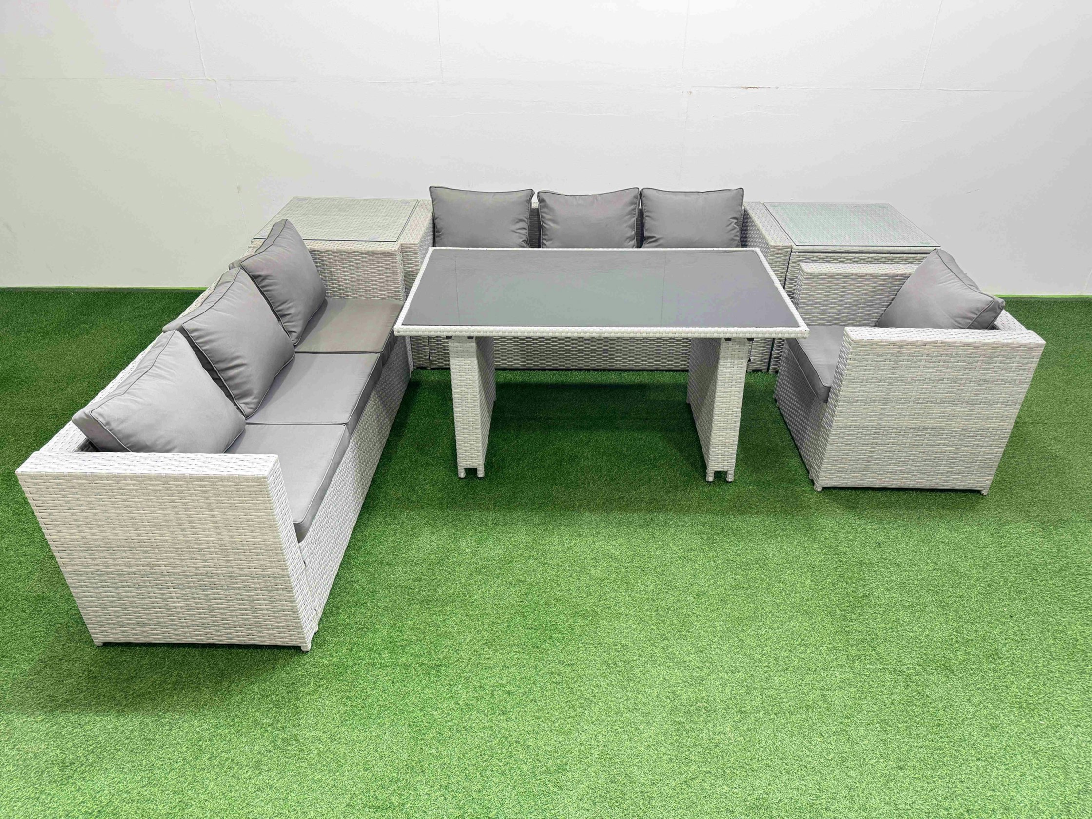 Fimous Black/Light/Grey Patio Garden Furniture Sets With Glass Top Dining Table 3 Seater Sofa Armchair 2 Side Tables