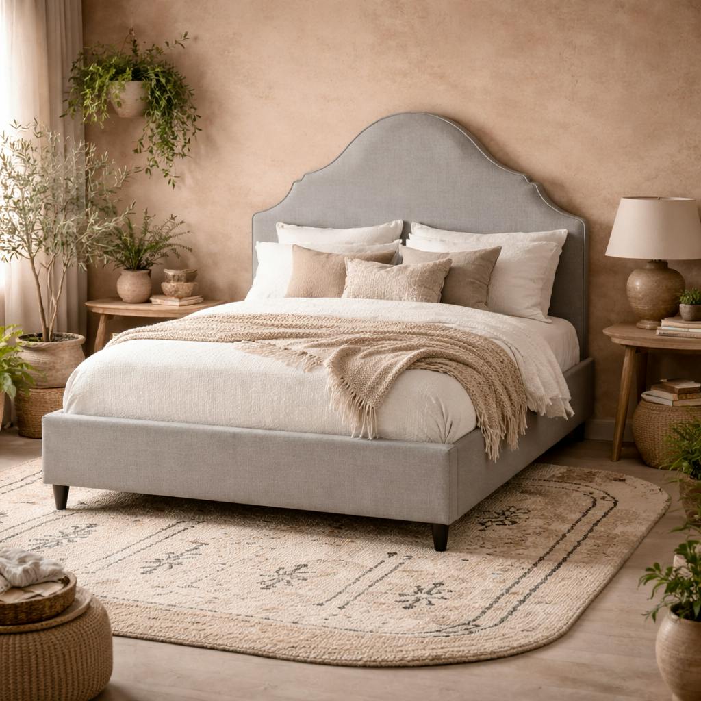 Wyld Haus Light/Grey Princeton Linen Upholstered 5Ft King Size Bed Retro Headboard