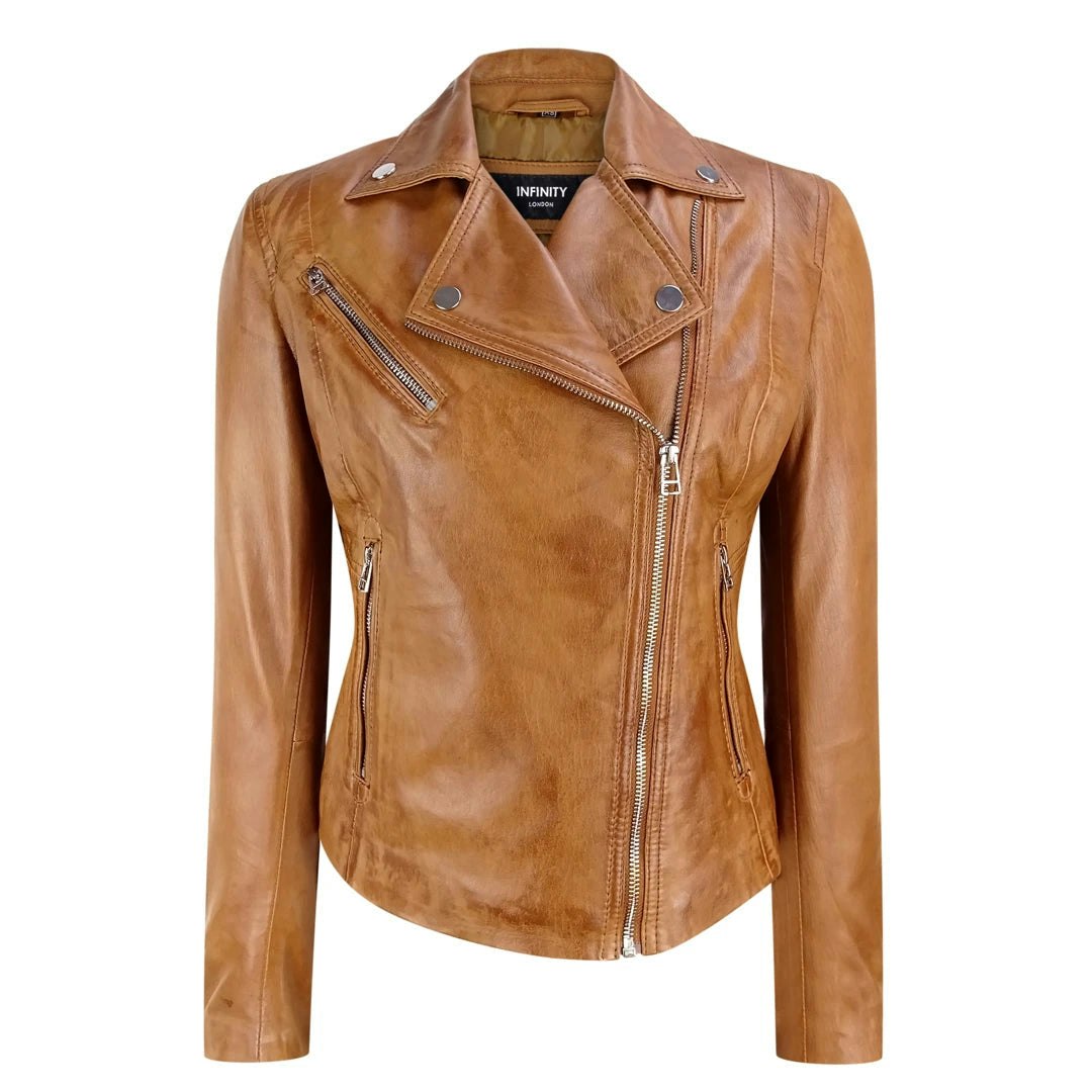Infinity Leather Women's Leather Company Infinity Brando Tan Biker Soft Nappa Leather Jacket - Uk 16