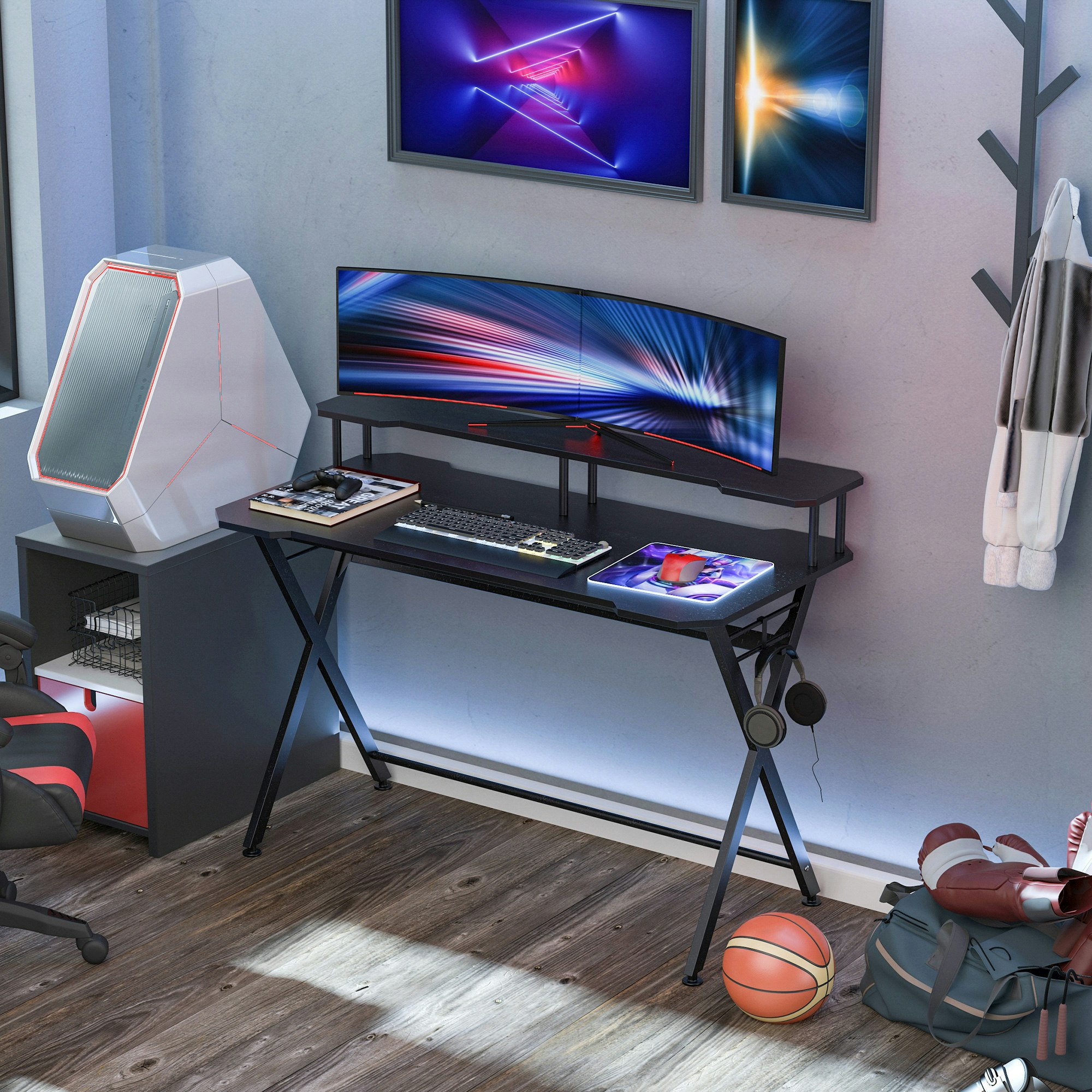 Homcom Gaming Computer Desk Writing Table W/ Headphone Hook Curved Front