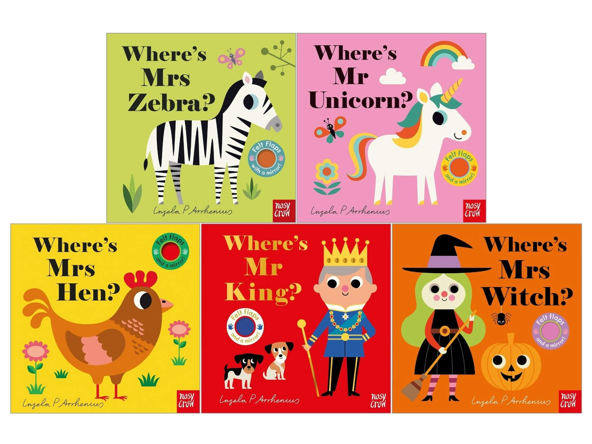 Various Publishers Felt Flaps And A Mirror 5 Books Set By Ingela P Arrhenius (Mr King, Mr Unicorn, Mrs Hen, Mrs Witch, Mrs Zebra)