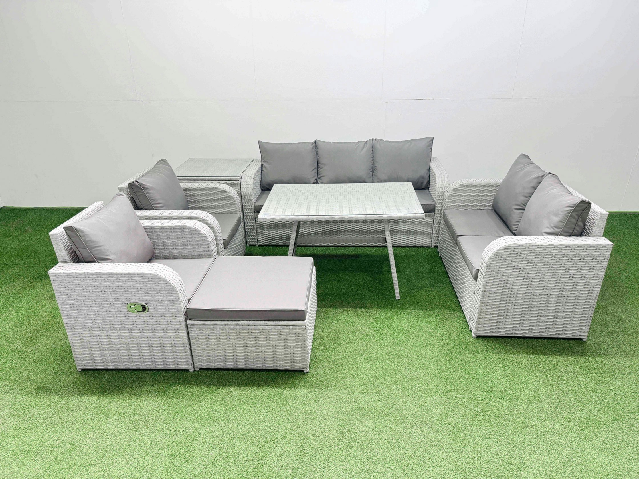 Rackhams Light/Grey Pe Rattan Garden Furniture Set Outdoor Rectangular Dining Table Sofa Set With Reclining Chair Big Stool Side Table