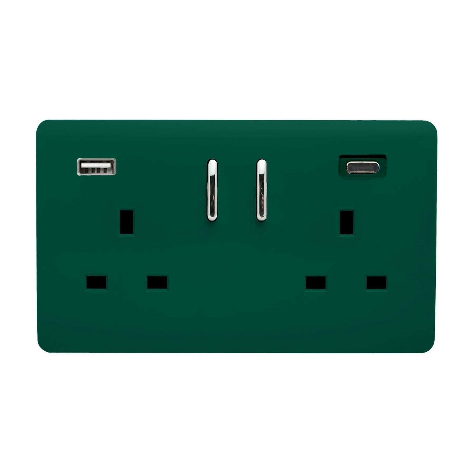 Trendi Switch Dark/Green 2 Gang Usb 3100Ma Type A & C Usb Plug Socket In Forest