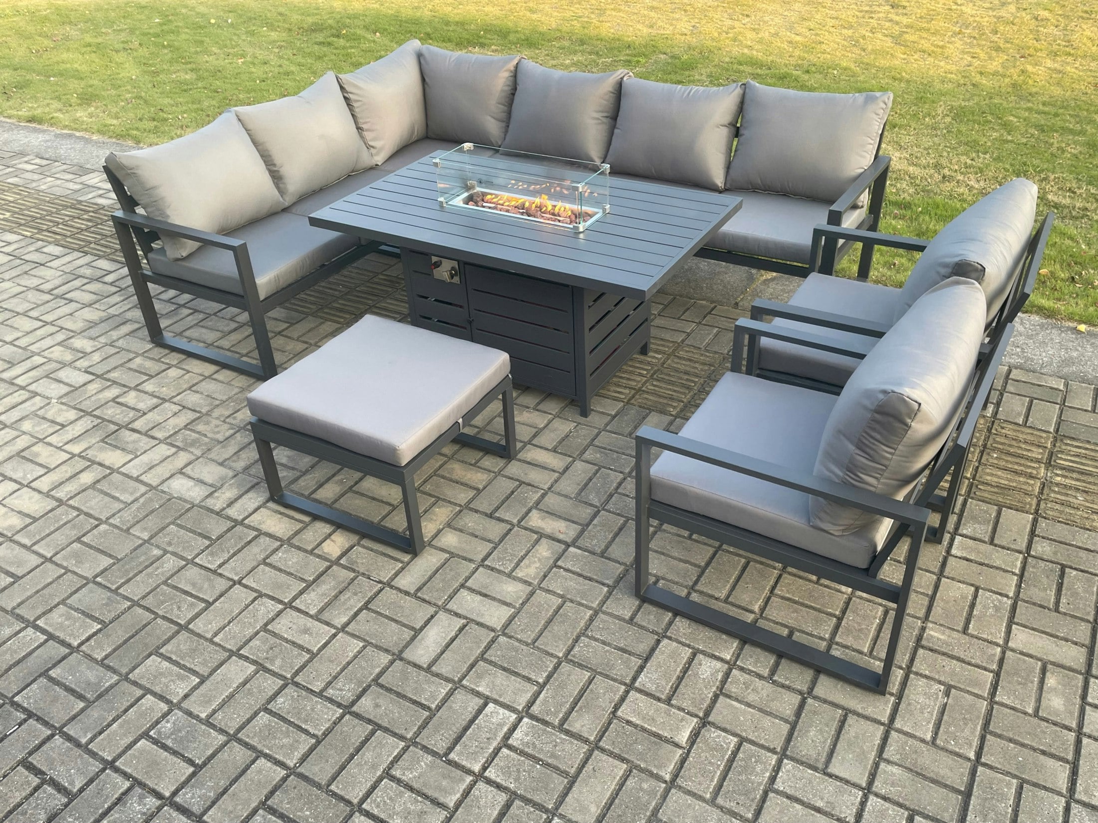 Fimous Dark/Grey Aluminium Outdoor Garden Furniture Corner Sofa Gas Fire Pit Dining Table Sets Gas Heater Burner With 2 Chairs Big Footstool 9 Seater