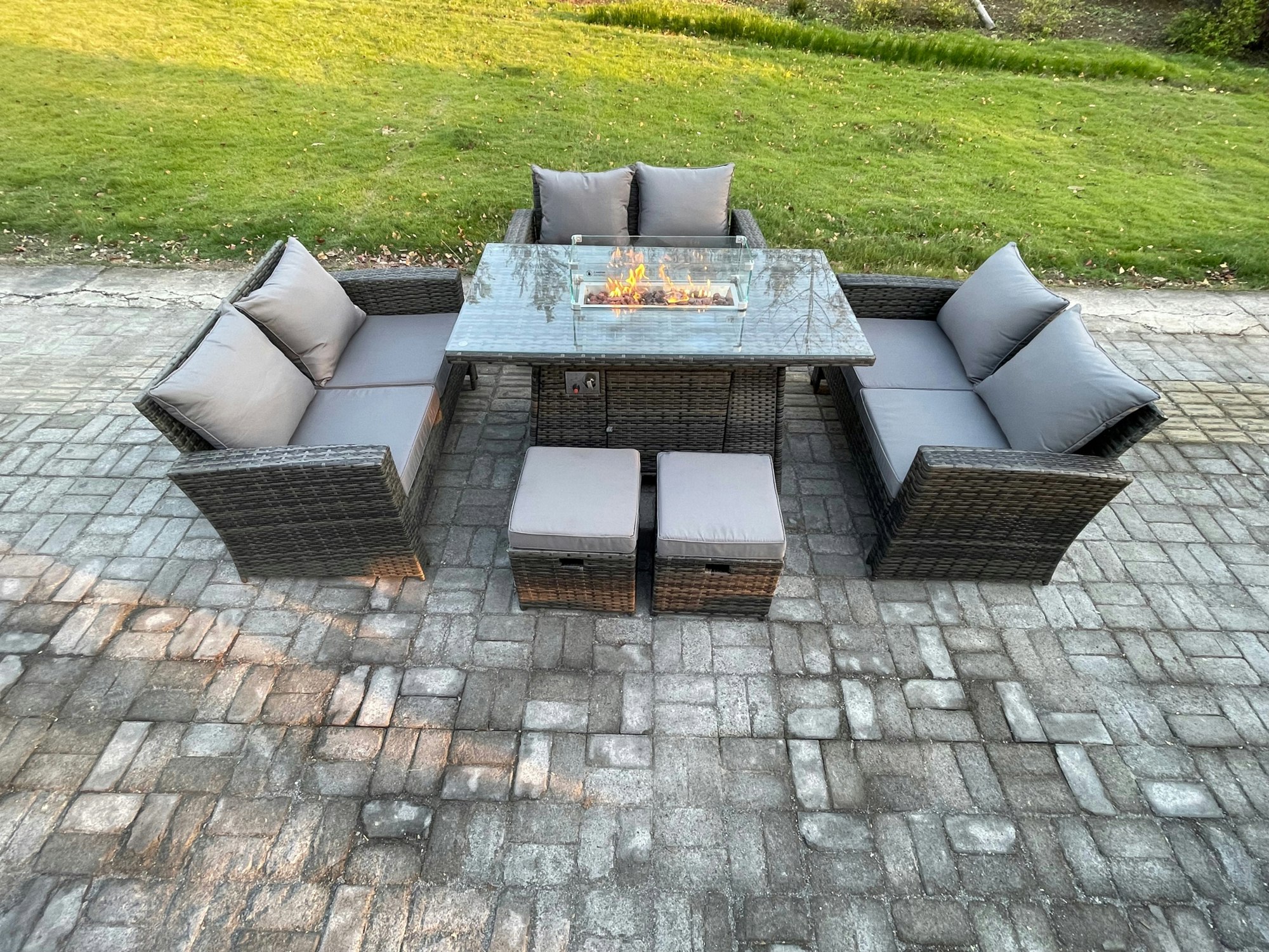 Fimous Dark/Grey High Back Rattan Garden Furniture Sofa Sets With Outdoor Furniture Gas Fire Pit Dining Table Set 2 Small Footstools Mixed