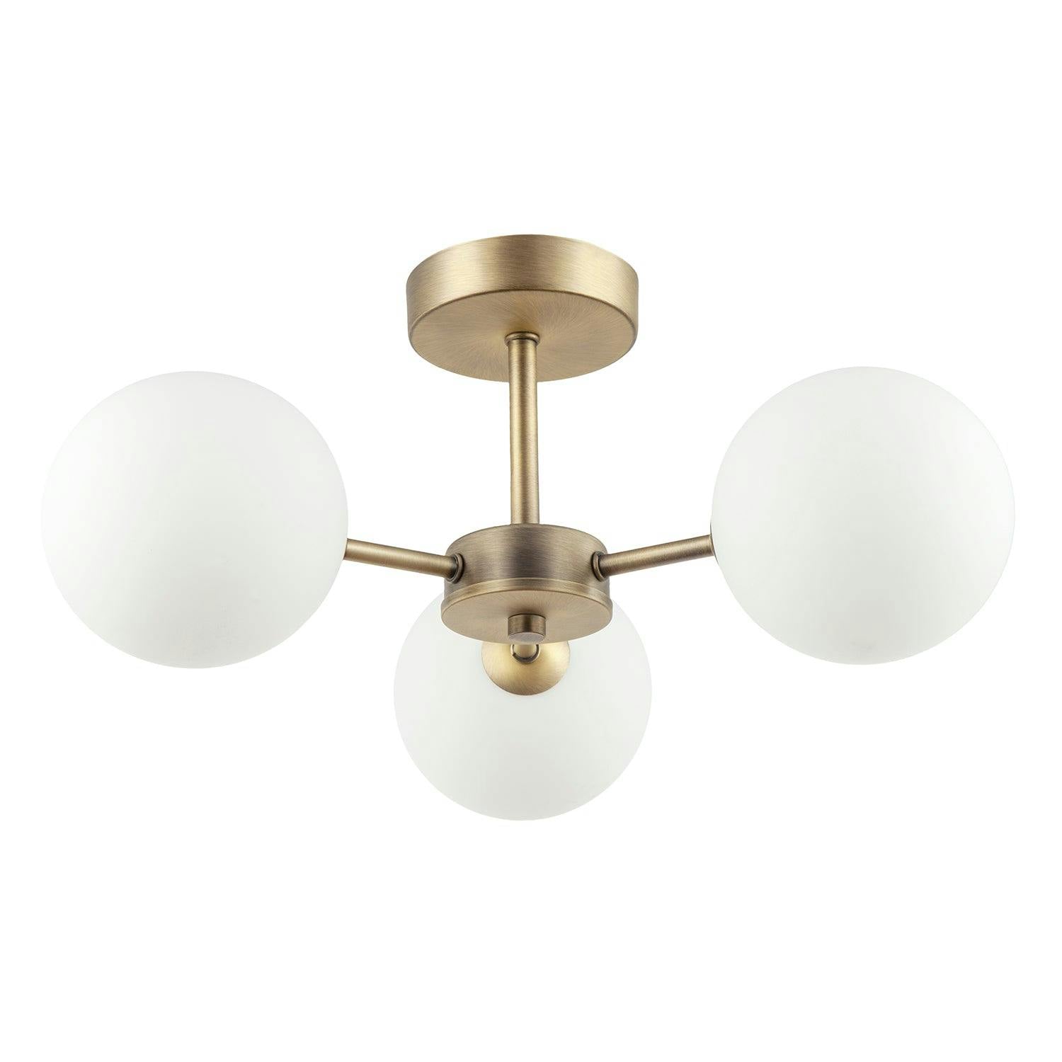 Rackhams White/Light Contemporary Antique Brass Ceiling Lamp With Opal Globe Glass Shades