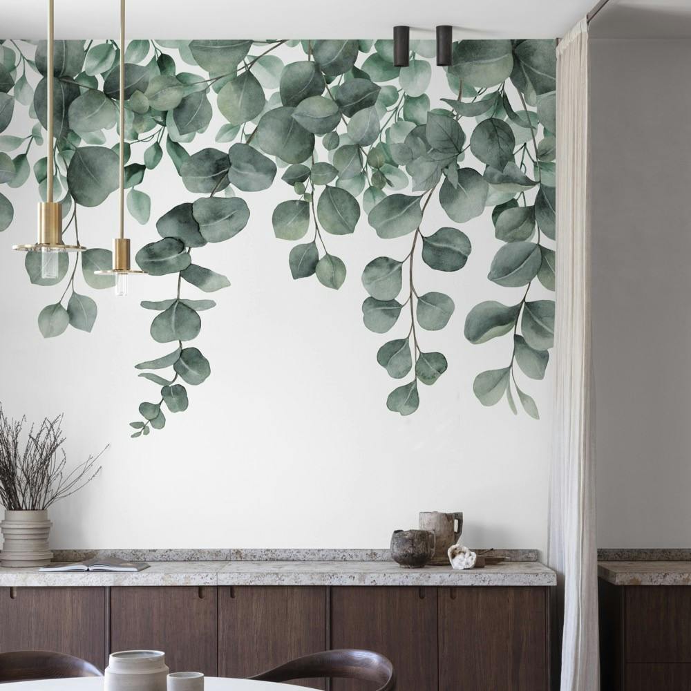 Grandeco Green Mirte Trailing Eucalyptus Leaves 7 Lane Textured Repeatable Mural, 3.71 X 2.8M,