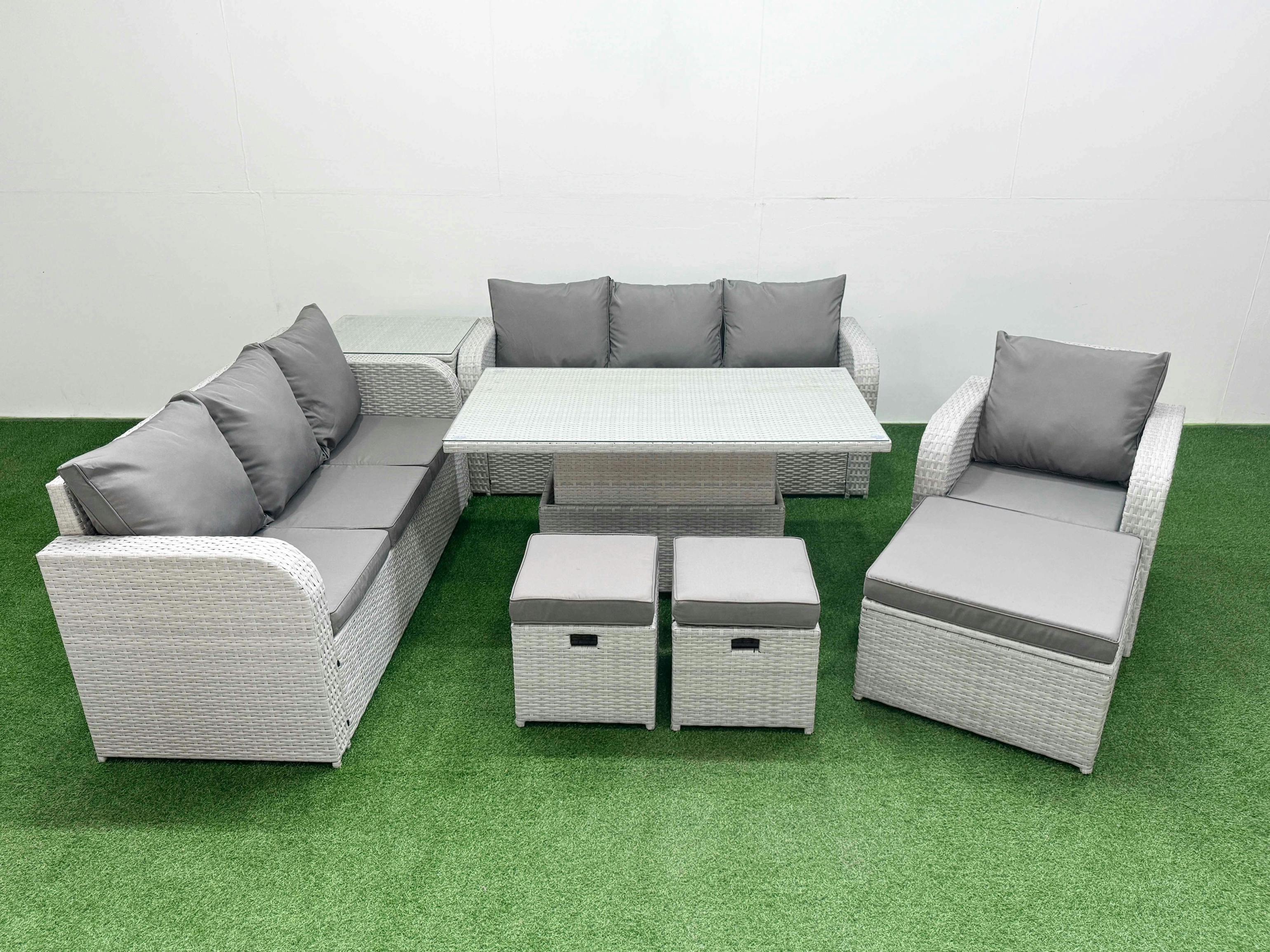 Fimous Light/Grey 10 Seater Rattan Garden Furniture Set With Adjustable Height Table, 2 Sofas, 1 Reclining Chair, 3 Footstools & 1 Side Table