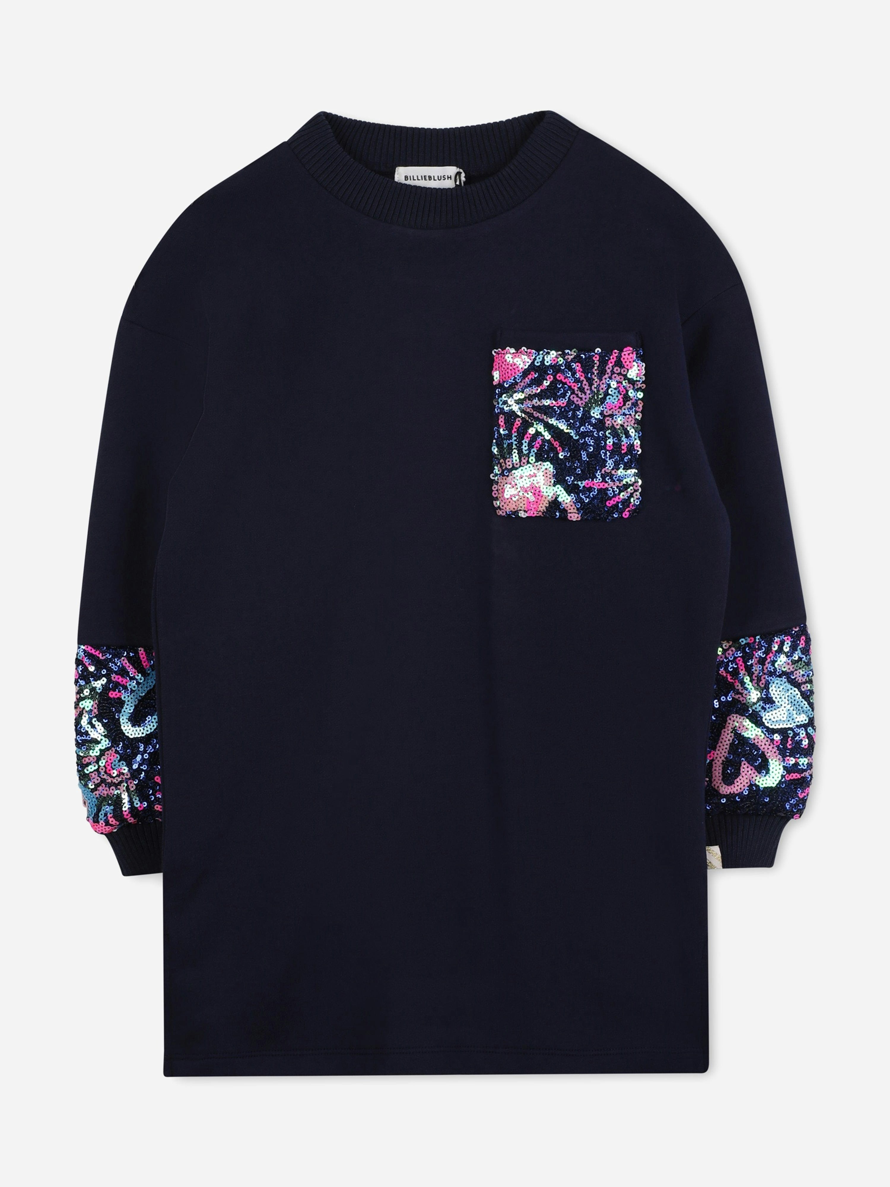 Billieblush Girls Blue Sequin Detail Sweater Dress In Navy - 12 Yrs