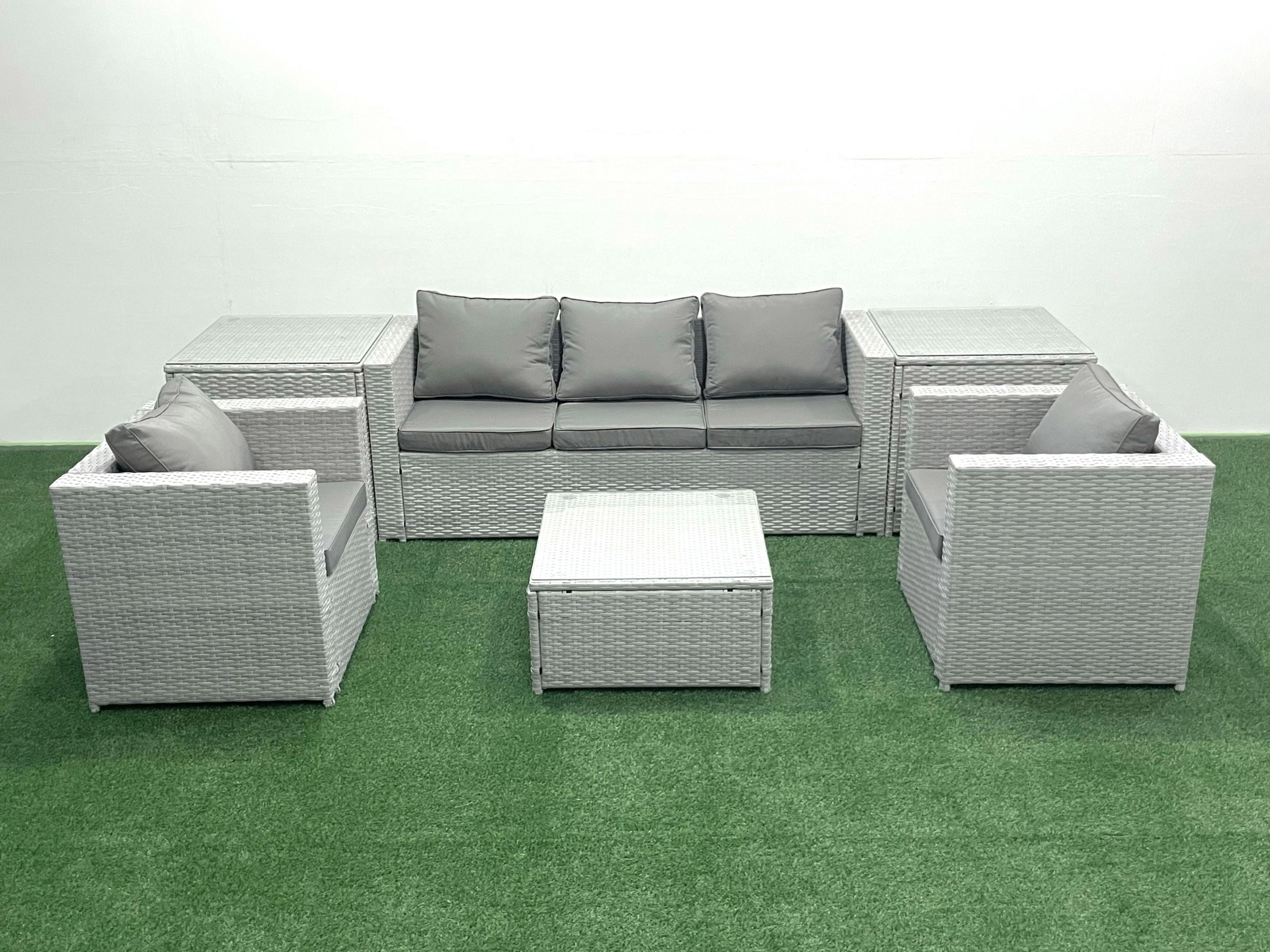 Photos - Garden Furniture Fimous Rackhams 5 Seater Rattan Set with 3 Seater Sofa 2 Chair Square Coffee Table 2 Side Tables Light Grey Mixed