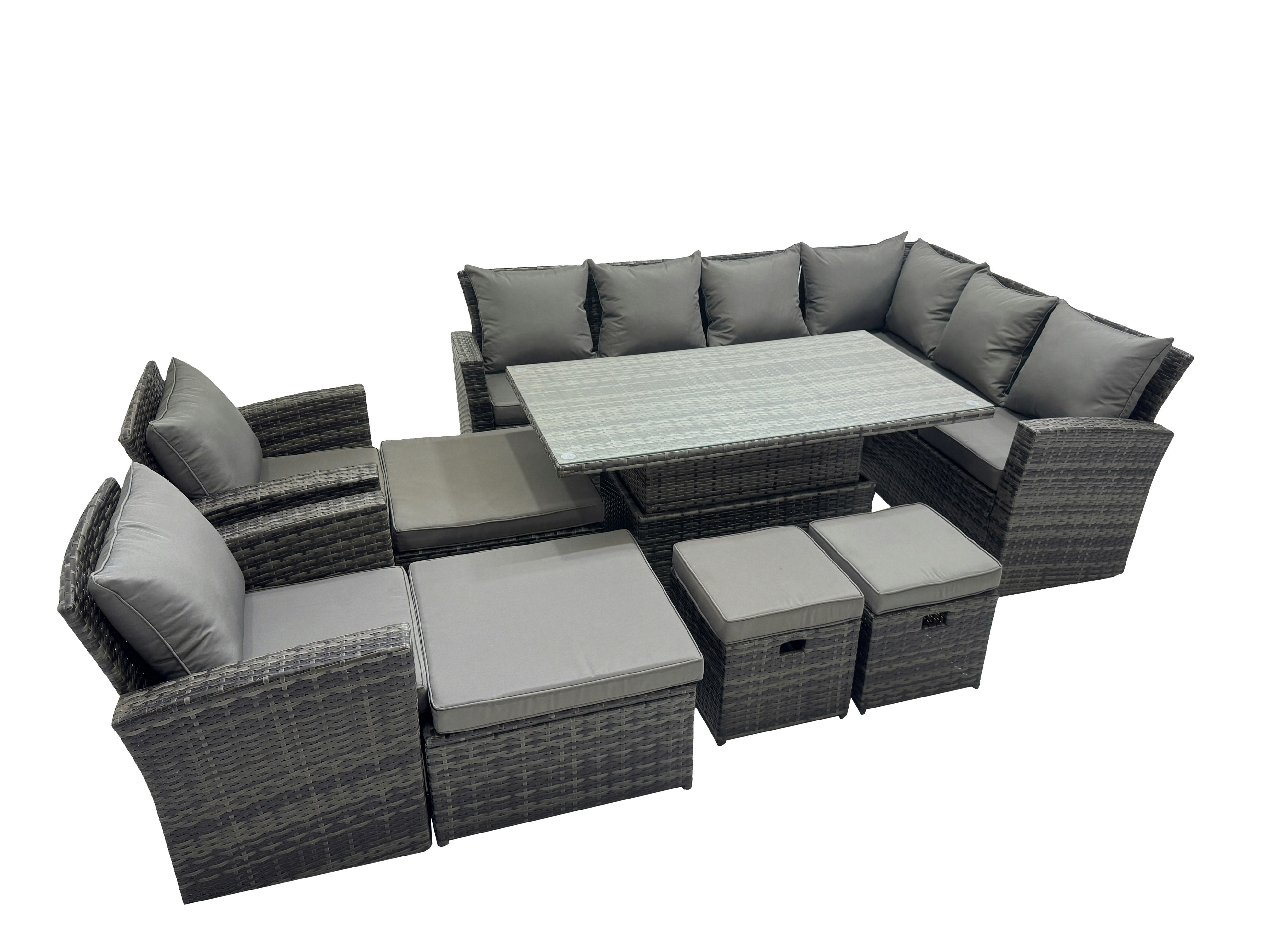 Fimous Dark/Grey 12 Seat Rattan Garden Furniture Corner Sofa Set Outdoor Adjustable Lifting Dining Or Coffee Table Set With 4 Footstools Mixed
