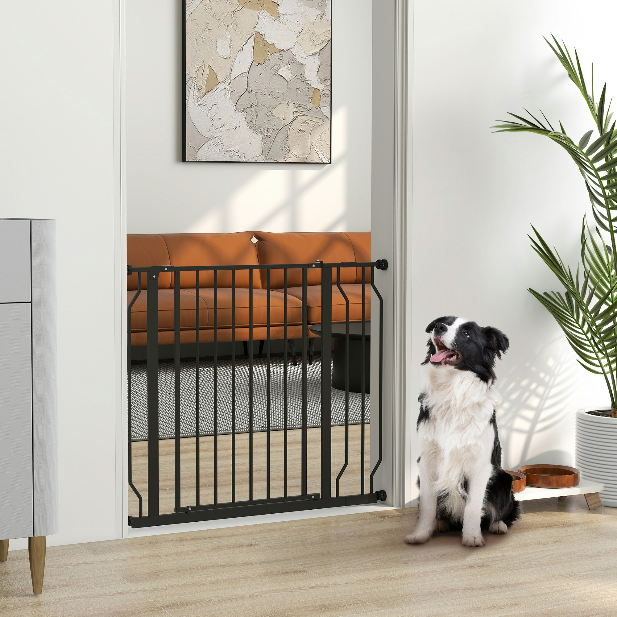 Pawhut Black Dog Gate Wide Stair Gate W/ Door Pressure Fit - 95 X 1.5 X 76 Cm
