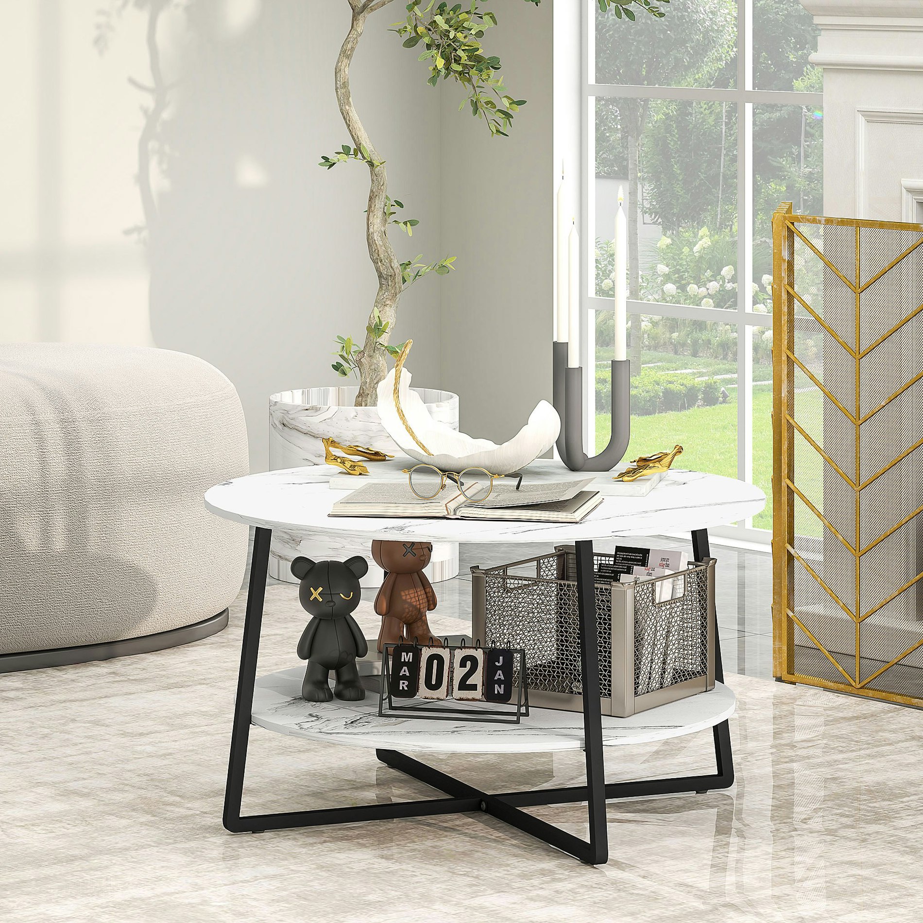 Rackhams White Round Coffee Table With Storage Shelf And Marble Effect Top,