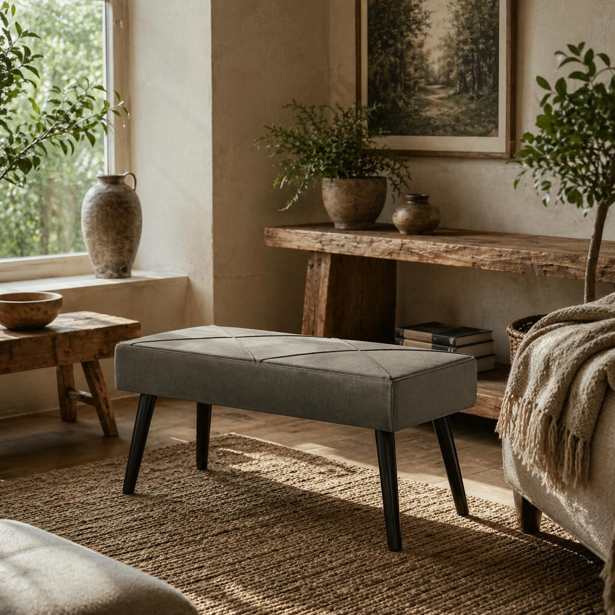 Rackhams Grey/Black Mazuka End Of Bed Bench With X Frame Metal Legs Geometric Pattern