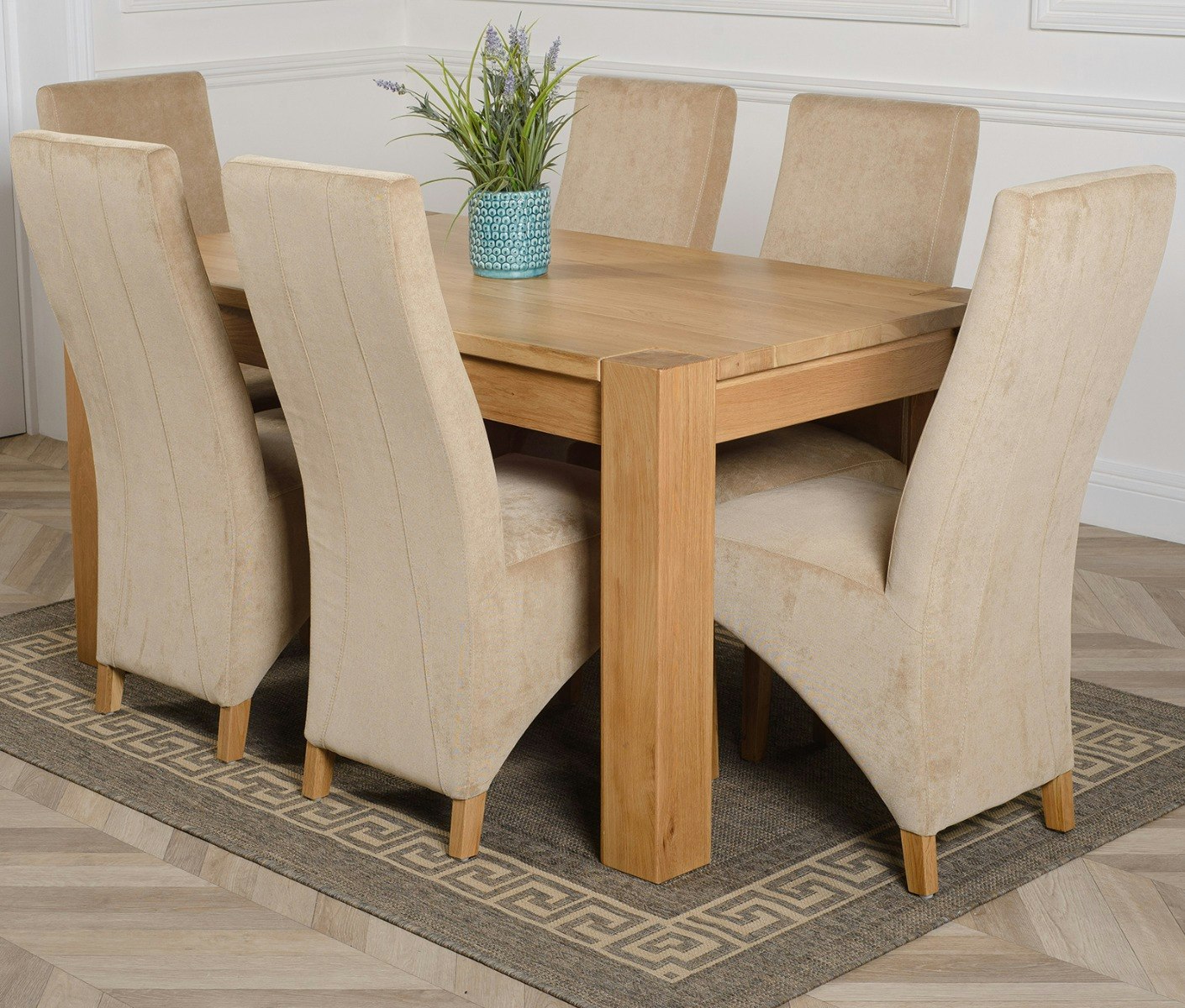 Rackhams Beige Kuba Medium Oak Dining Table With Lola Fabric Chairs - 6 Chairs