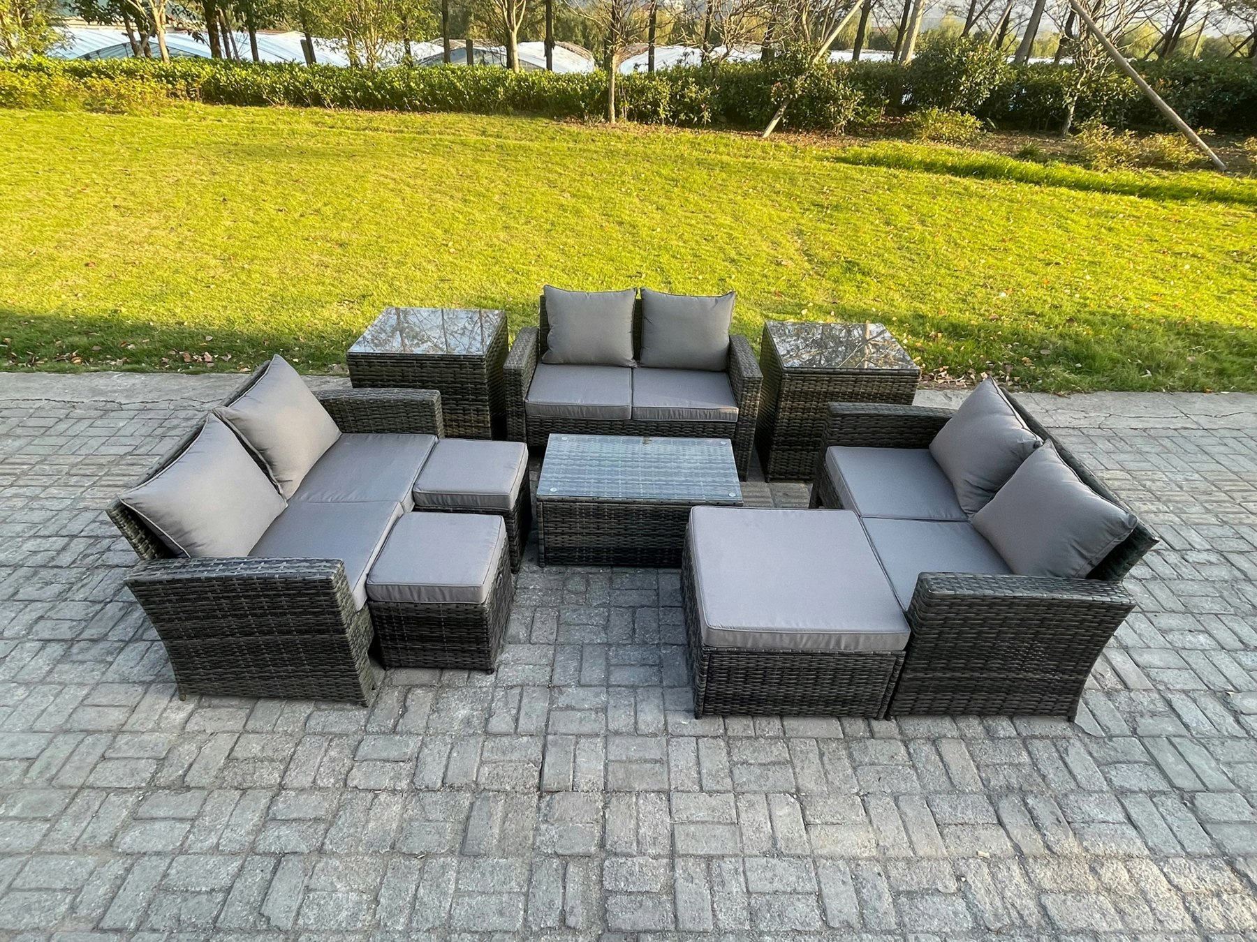 Fimous Dark/Grey 9Pc Rattan Sofa Garden Furniture Outdoor Patio Set With 2 Side Tables 3 Footstools Love Seat Sofa Mixed