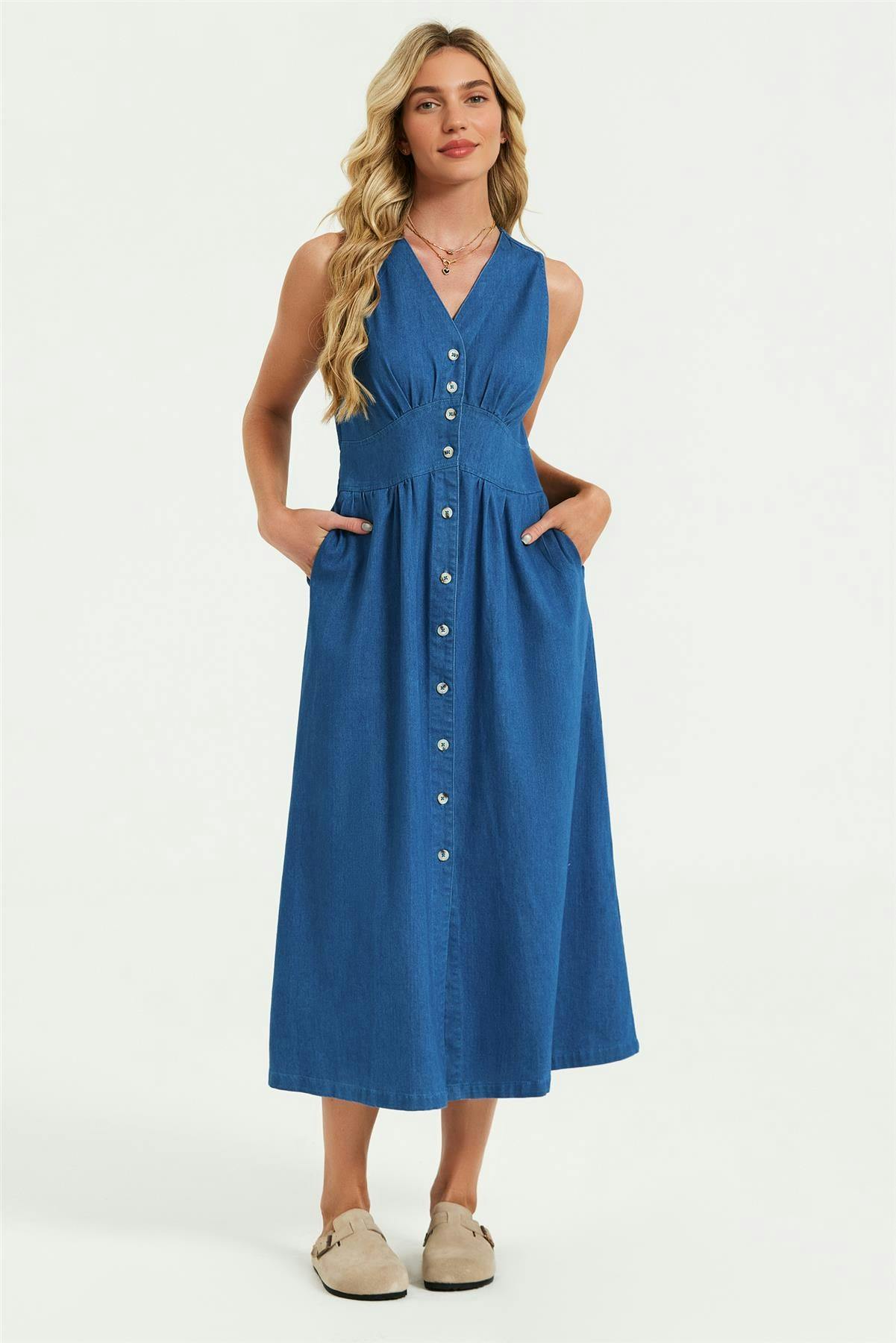 Fs Collection Blue Button Down Denim Midi Dress In - Xs