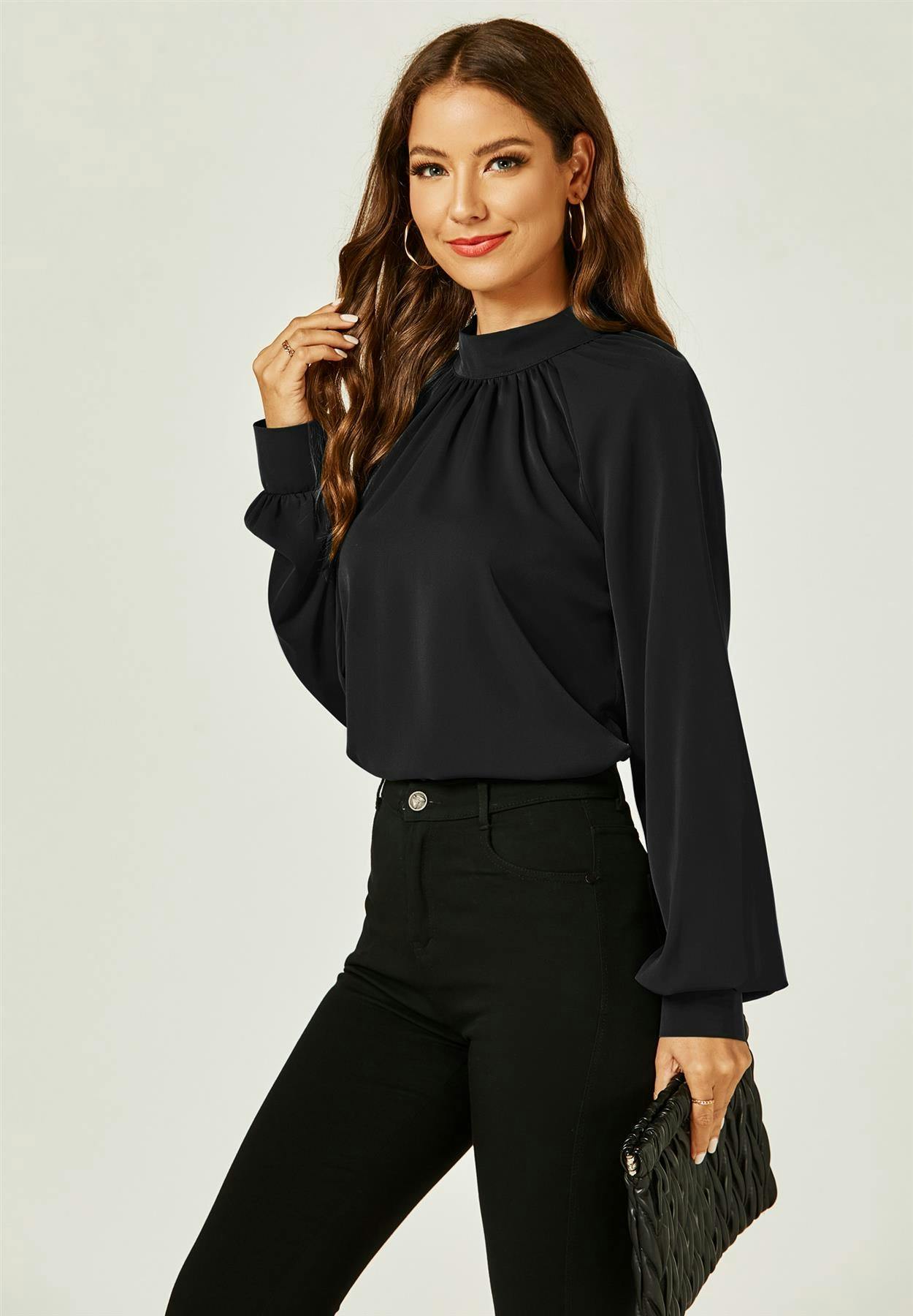 Fs Collection Black Halter Neck Long Sleeve Blouse Top In - Xl