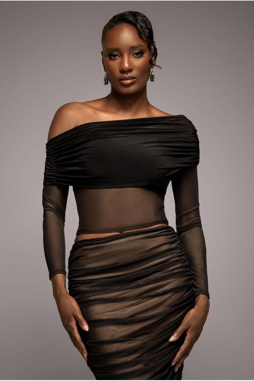 Goddiva Black Gathered Bardot Asymmetric Mesh Panel Top - By - 14