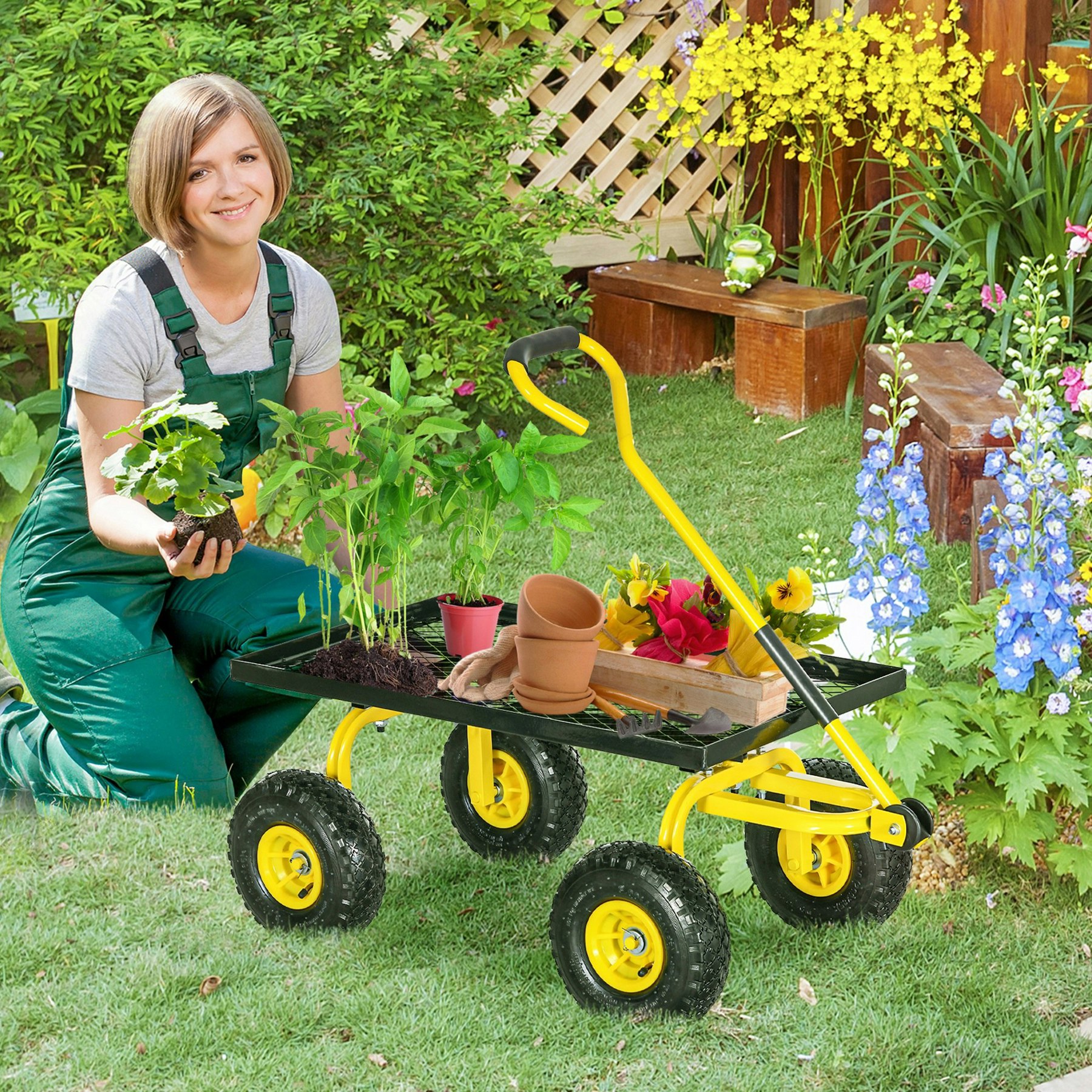 Rackhams Yellow Garden Trolley Cart With Pneumatic Wheels And Rotating Handle,