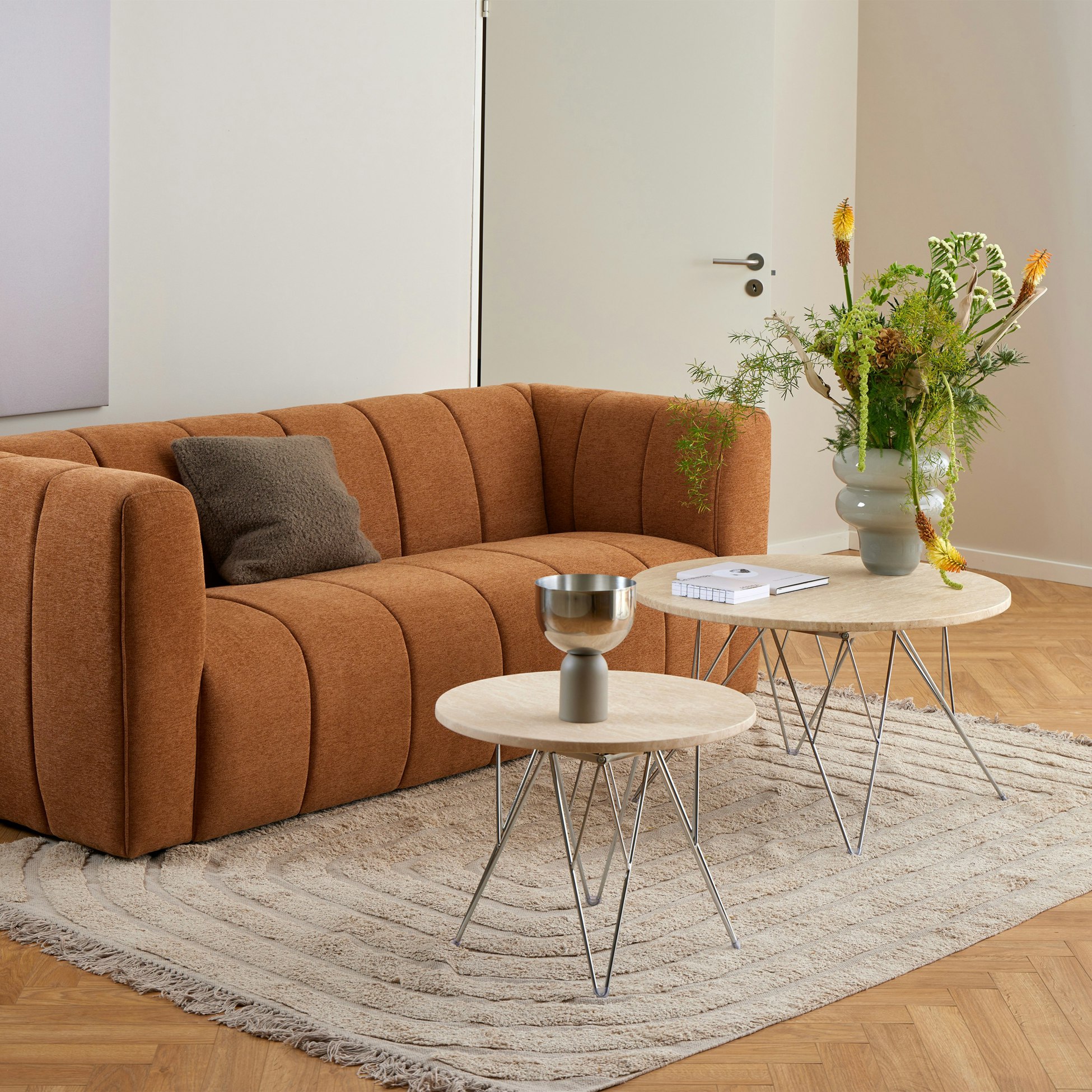 Rackhams Beige/Black Prunus Round Coffee Table In Matt And Chrome Steel Base 80X46.4cm - Brown - 80