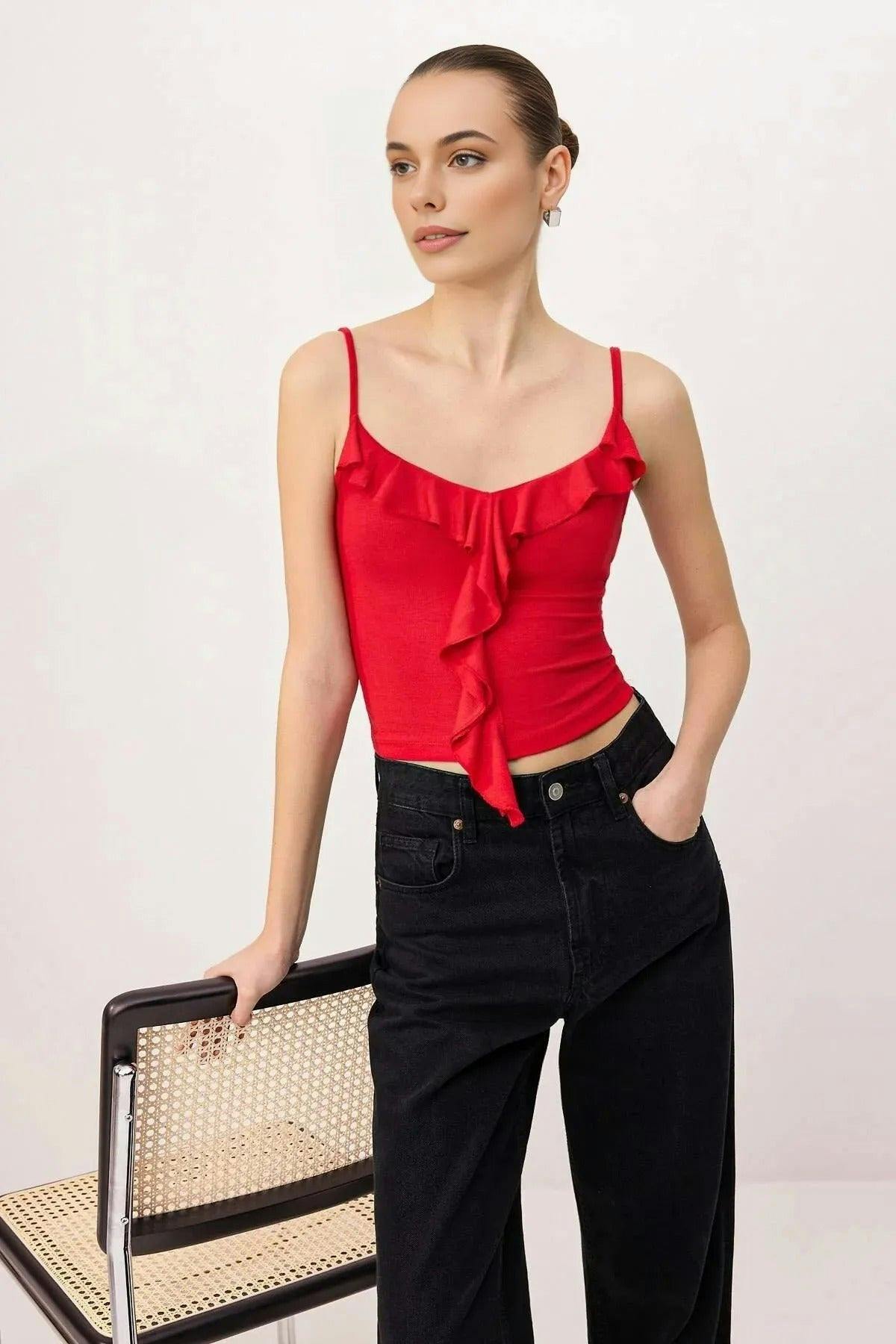 Wovcor Red Strappy Ruffled Fitted Knitted Blouse - L